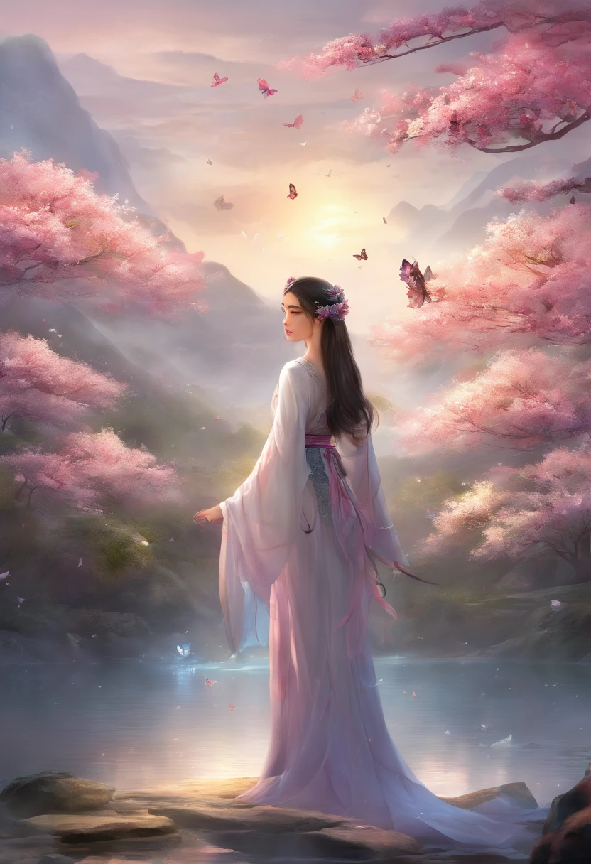 Best quality,(RAW photo:1.2),(Masterpiece:1.4),(Photorealistic:1.4),(A high resolution:1.4),
1girll, Long hair, Braid, Butterfly, Depth of field, From above,
hanami, Cherry blossoms, Lake, beautiful detailed  water, Black hair, Long eyelashes, 
 PureErosFace_V1, Hanfu,
 aespakarina,