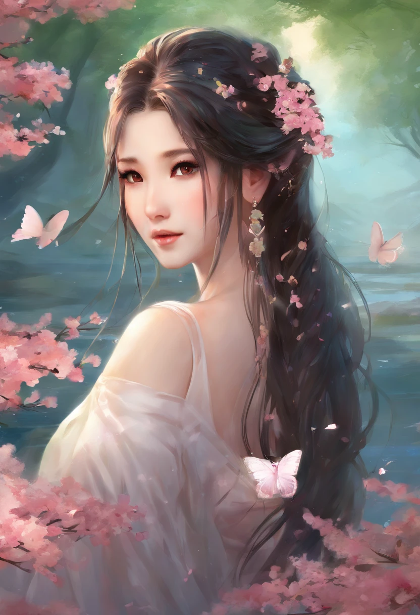 Best quality,(RAW photo:1.2),(Masterpiece:1.4),(Photorealistic:1.4),(A high resolution:1.4),
1girll, Long hair, Braid, Butterfly, Depth of field, From above,
hanami, Cherry blossoms, Lake, beautiful detailed  water, Black hair, Long eyelashes, 
 PureErosFace_V1, Hanfu,
 aespakarina,