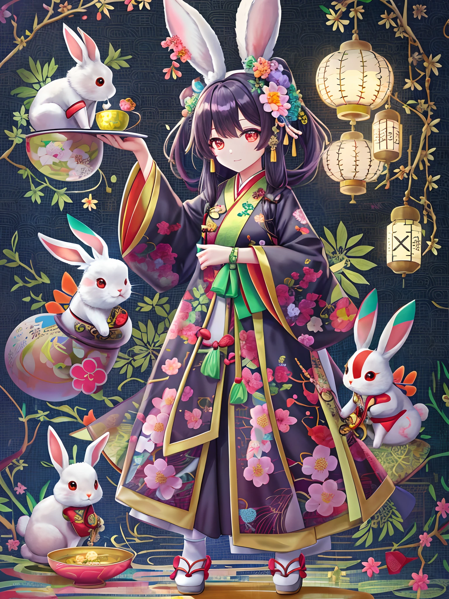 （personification：1.4），（full body shot of），（China - 1 cute rabbit，Hanfu，standing on two feet，moon full，Mid-Autumn Festival，sweet osmanthus，Oriental elements），（Chinese - chic illustration：1.5，Vector painting：1.5），（brightcolors，Bright color scheme，Colorful colorful，senior color matching，gradient backgrounds，white backgrounid），（The is very detailed，reasonable design，Clear lines，High clarity，The best quality，tmasterpiece，offcial art，movie light effect，8K）