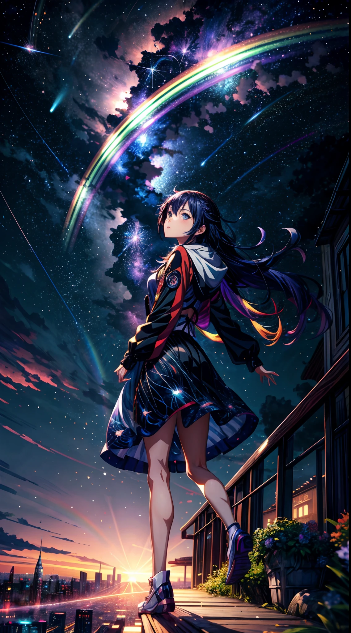((Rainbow Giant Shooting Star))、Anime girl looking at big city landscape,Near Future City、 makoto shinkai cyril rolando, anime art wallpaper 4k, anime art wallpaper 4k, Anime art wallpaper 8k, inspired by Cyril Rolando, in the style dan mumford artwork, amazing wallpapers, by Yuumei