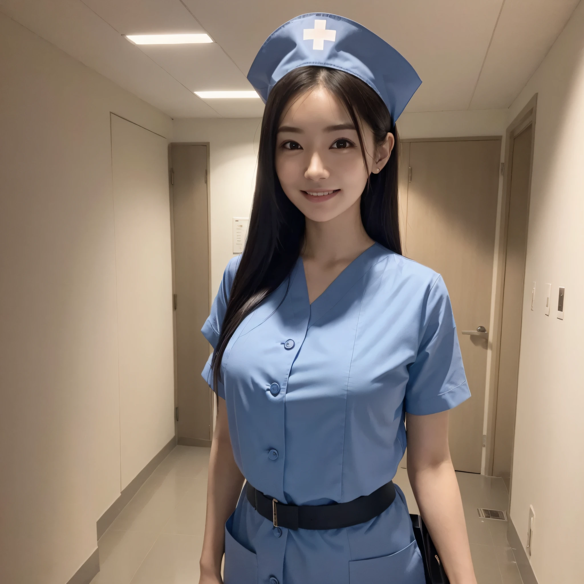 One Nurse Woman、((best qualtiy、8k masterpieces:1.3))、foco nítido:1.2、(ultra beautiful faces:1.0)、(shinny skin:1.0)、photos realistic、A dark-haired、Video Lighting、High-definition eyes and face、Video Lighting、Japan Idol Actress、from the front side、medium breasts、Smile、Slender Abs Beauty、Whole body、Wearing a nurse's costume、at hospital