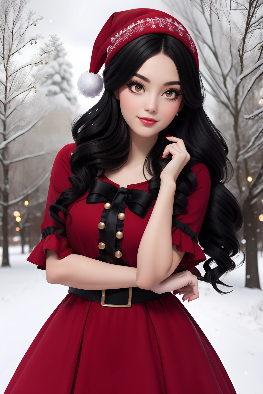 Christmas girl, black long hair Emo Pin up Girl, christmaa dress, Striking a pose, natural make up, skinny girl, innocent, in a snowy park heavenly