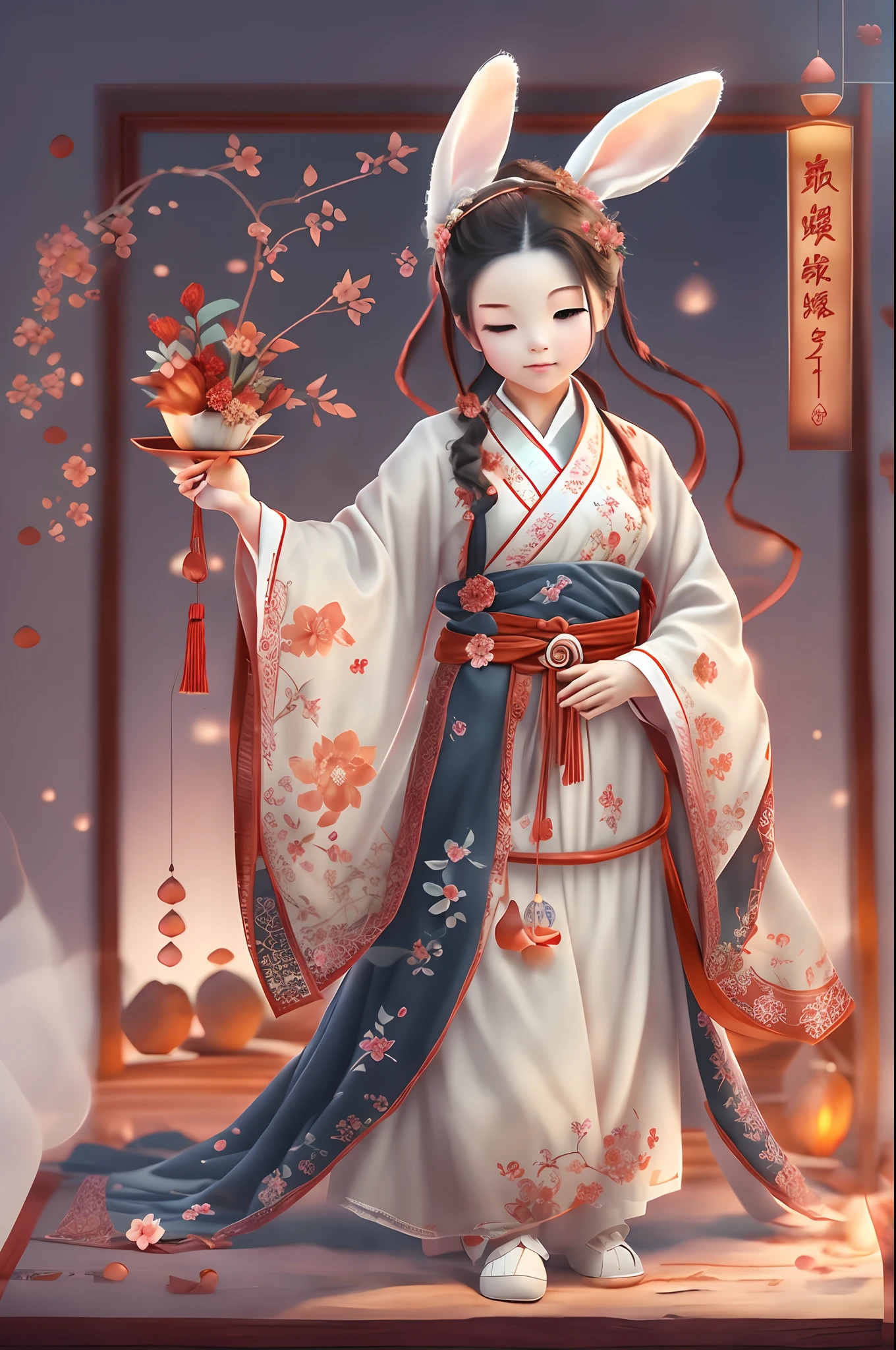 (personification:1.4),(full body shot of),(China - 1 cute rabbit,Hanfu,standing on two feet,moon full,Mid-Autumn Festival,sweet osmanthus,Oriental elements),(Chinese - chic illustration:1.5,Vector painting:1.5),(Chinese colors,senior color matching,gradient backgrounds,white backgrounid),(The is very detailed,reasonable design,Clear lines,High clarity,The best quality,tmasterpiece,offcial art,movie light effect,8K)