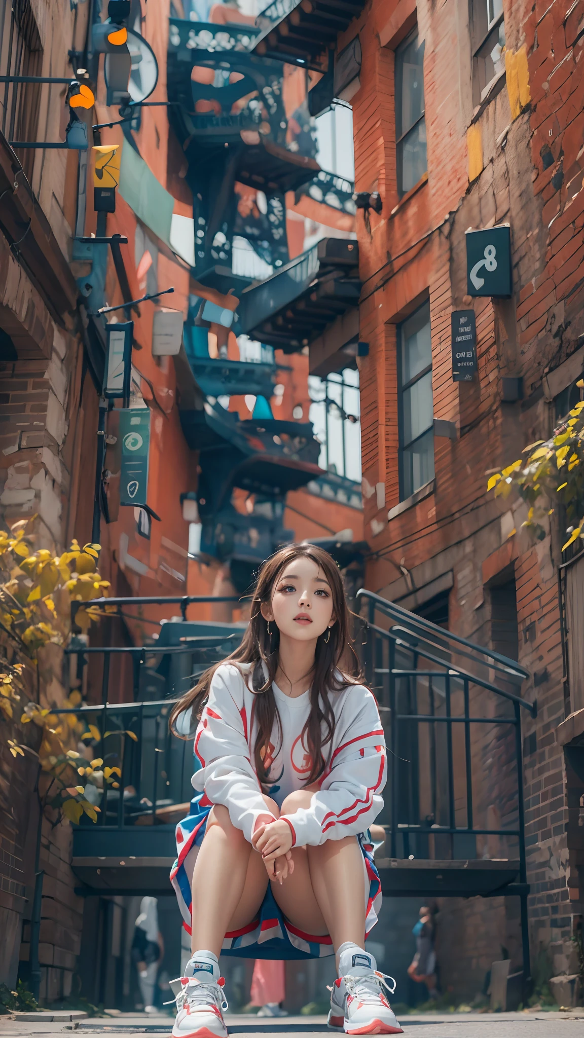 1girl，Wearing colorful dresses，(((Bottom view))),athletic sneakers，Shallow space，Urban architectural background，Sit Pose，Best quality, Masterpiece, 8K，depth of fields