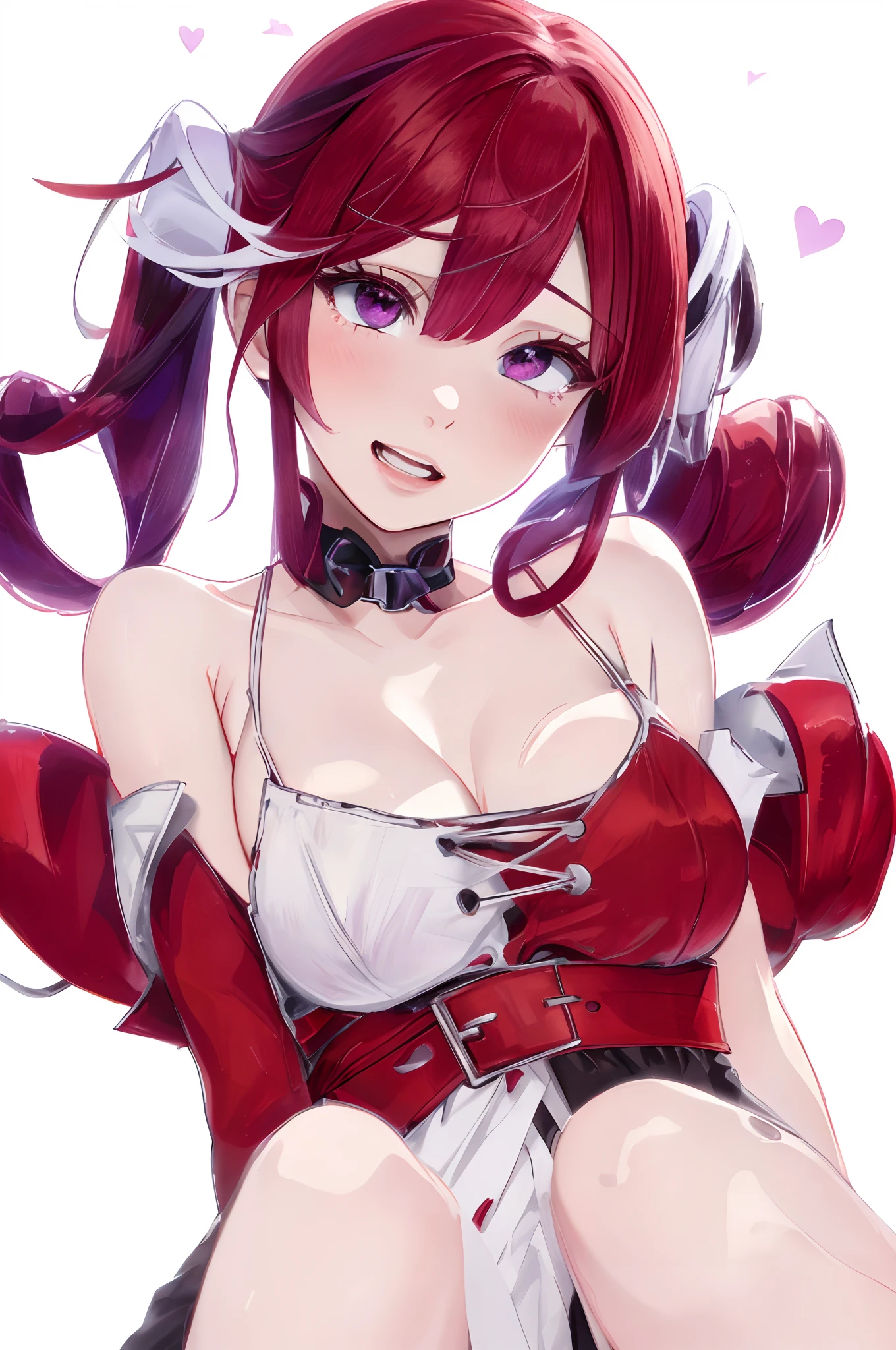 Red-haired、Background white、Photorealsitic, hight resolution, 1 rapariga, Korea person, Heterochromia eyes, a purple eye、Blunt bangs、red hairs、1girl in, masutepiece, Best Quality, High quality, Twin-tailed、Ahegao