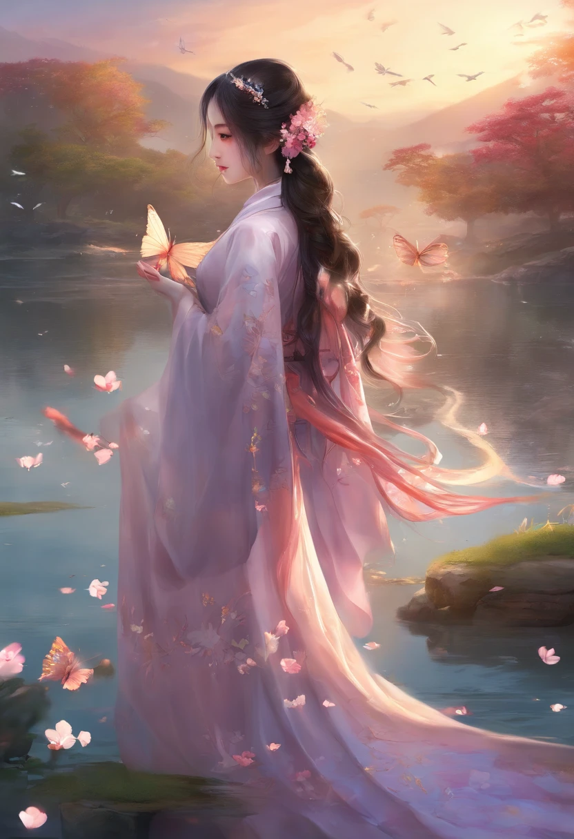 zhongfenghua, 1girl, (full body) solo, hanfu, flower field, blossom, (white smokes:1.3) (photorealistic:1.4), zentangle, mandala, entangle, official art, unity 8k wallpaper, ultra detailed, beautiful and aesthetic, masterpiece,best quality, (dynamic angle:1.4), glowing skin, (floating colorful sparkles:1) the most beautiful form of chaos, elegant, a brutalist designed, vivid colours, romanticism depth of field,
