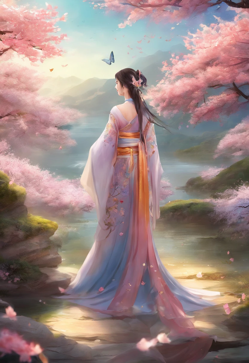 Best quality,(RAW photo:1.2),(Masterpiece:1.4),(Photorealistic:1.4),(A high resolution:1.4),
1girll, Long hair, Braid, Butterfly, Depth of field, From above,
hanami, Cherry blossoms, Lake, beautiful detailed  water, Black hair, Long eyelashes, 
 PureErosFace_V1, Hanfu,
 aespakarina,