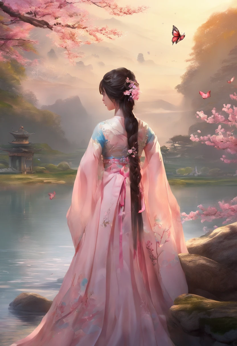 Best quality,(RAW photo:1.2),(Masterpiece:1.4),(Photorealistic:1.4),(A high resolution:1.4),
1girll, Long hair, Braid, Butterfly, Depth of field, From above,
hanami, Cherry blossoms, Lake, beautiful detailed  water, Black hair, Long eyelashes, 
 PureErosFace_V1, Hanfu,
 aespakarina,