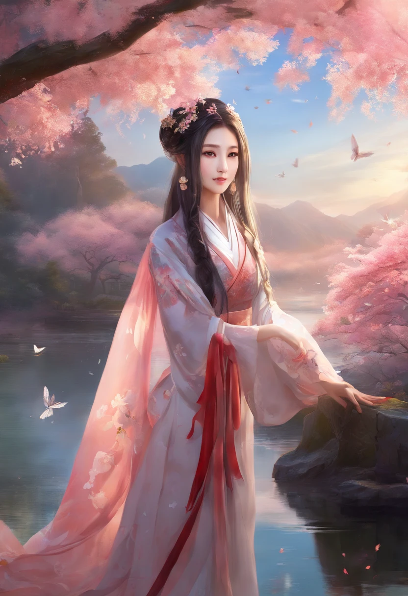 Best quality,(RAW photo:1.2),(Masterpiece:1.4),(Photorealistic:1.4),(A high resolution:1.4),
1girll, Long hair, Braid, Butterfly, Depth of field, From above,
hanami, Cherry blossoms, Lake, beautiful detailed water, Black hair, Long eyelashes,
PureErosFace_V1, Hanfu,
aespakarina,