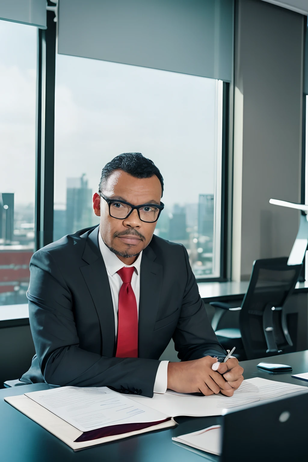 guttonerdvision10, Advertising Photography. A man in glasses, wearing a black suit with a red tie, striking a pose leaning on his office desk. He is in a room high up in a commercial building with a glass window showcasing the blurred cityscape in the background. A professional commercial photograph for promotional use. Ultra HD, super realistic.