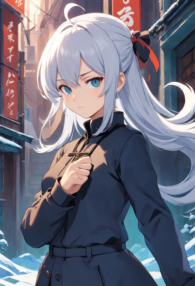A young woman of 17 years with white hair with black details like ponytail black eyes a white apocalypse style blouse with black coat a long gray pants with tired and angry look with a scar on the face a relaxed posture holding a white pistol with light blue details with ice power, a glove on his right hand ,uma faca