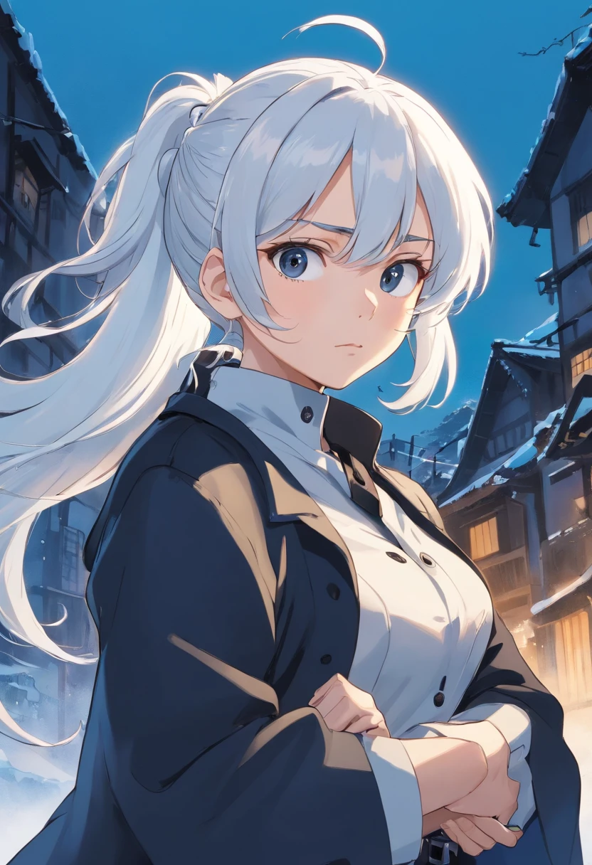 A young woman of 17 years with white hair with black details like ponytail black eyes a white apocalypse style blouse with black coat a long gray pants with tired and angry look with a scar on the face a relaxed posture holding a white pistol with light blue details with ice power, a glove on his right hand ,uma faca