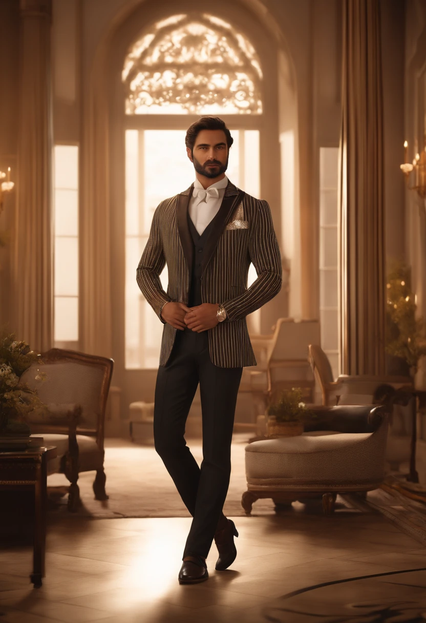 (extremely detailed CG unity 8K wallpaper), (masterpiece), (best quality), (ultra-detailed), (best illustration), (best shadow), bedroom background, standing, BREAK, TMP, character sitting in a chair with arm raised, full body, dark hair (neck length hair tied in a ponytail), nice pose, handsome man, pretty face, royal elegant pose, business man, (in a striped blazer), (The surrounding environment is a luxurious and classic living room) (sand tone image), (extremely detailed CG unity 8K wallpaper), (masterpiece), (best quality), (ultra-detailed), (best illustration), (best shadow), bedroom background, standing, Break, TMP, Best quality, masterpiece, ultra-high resolution (photorealistic:1.4), weapon, Detailed face, 1 men, solo (magic circle: 1.2), Full body, Beautiful, full body, Indian architecture, sheath, architecture, character standing with arm straight, dark hair (neck-length hair tied in a ponytail), nice pose, handsome man, pretty face, Caucasian, Indian face with beard, royal, elegant pose, businessman (in a striped blazer), (The surrounding environment is a luxurious and classic living room.) (sand-tone image)