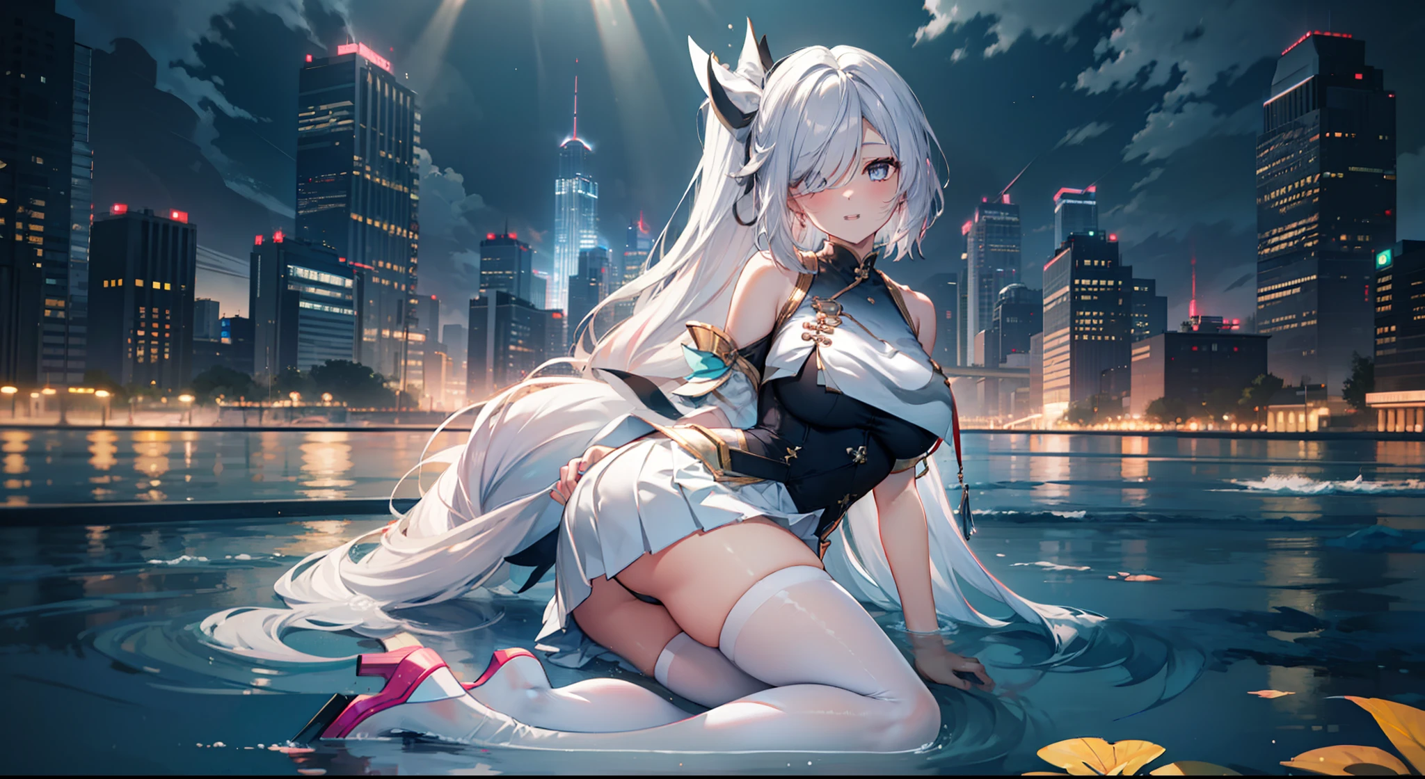 heavy rain,Gorgeous high heels,Under water,grabbing the breasts,Official fine art,tmasterpiece,Sharp focus,Nice high ponytail hairstyle,Delicate and beautiful eyes and face,realisticlying,ultra - detailed,a beauty girl,blue-sky,Glowing white particles,(side-lighting:1.2),scenecy,Long straight hair, sexy facial expression, buliding, (Cityscape:1.7), Dynamic hair, , Long black socks, paleskin, hair adornments, epic landscapes,deep in the night,Masterpiece, Best quality,Bare shoulders, white thighhighs, Hair ribbon, Large breasts,Gorgeous high heels,Under water,grabbing the breasts,Official fine art,tmasterpiece,Sharp focus,Long straight hair,Delicate and beautiful eyes and face,realisticlying,ultra - detailed,a beauty girl,blue-sky,Glowing white particles,(side-lighting:1.2),rays of sunshine,baiyun,Detailed clouds,Slender,Cute big breasts and big buttocks,Toothy laughter,((Laugh and open your eyes)),scenecy,Long straight hair, sexy facial expression, buliding, (Cityscape:1.7), Dynamic hair, Long straight hair, Delicate platinum-pink hair, glow blue eyes, (blue pleated shirt+white skirt), Long white socks, paleskin, hair adornments, epic landscapes,deep in the night,Masterpiece, Best quality,Bare shoulders, white thighhighs, Hair ribbon, Large breasts,