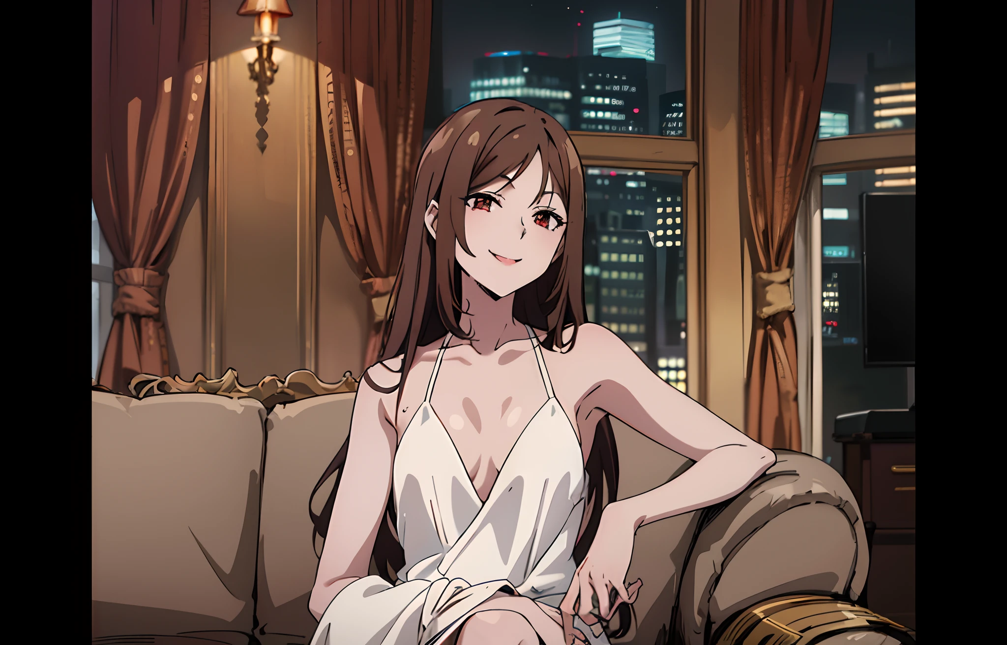 1 girl sitting, sofa, neat brown hair, sexy, white sexy dress, window, scene background, white skin, anime style, anime coloring, smile