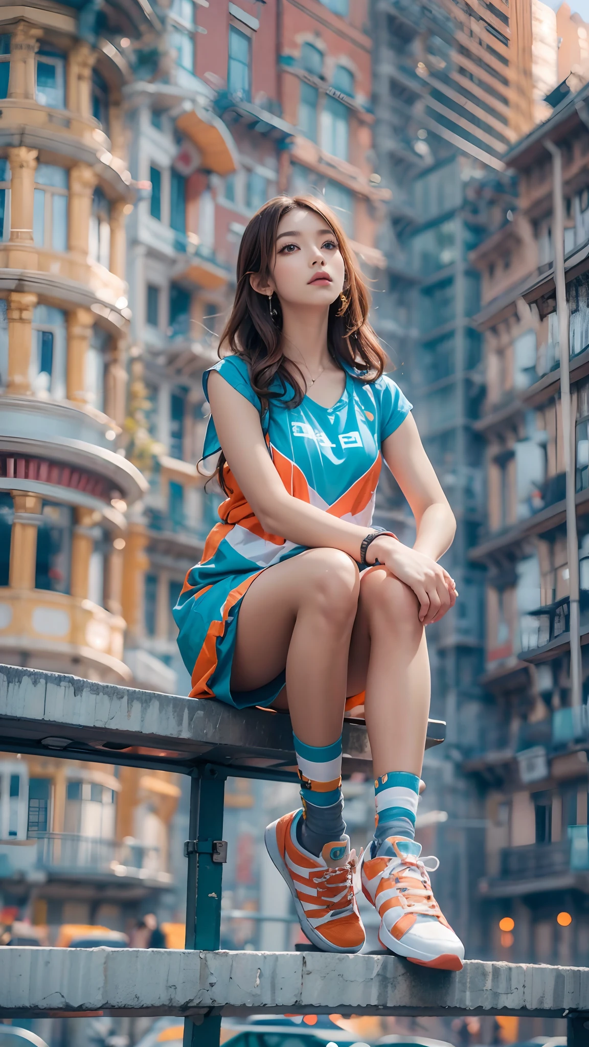 1girll，Wear colorful dresses，(((Bottom view))),athletic sneakers，Shallow space，Urban architectural background，Sit Pose，Best quality, Masterpiece, 8K，depth of fields