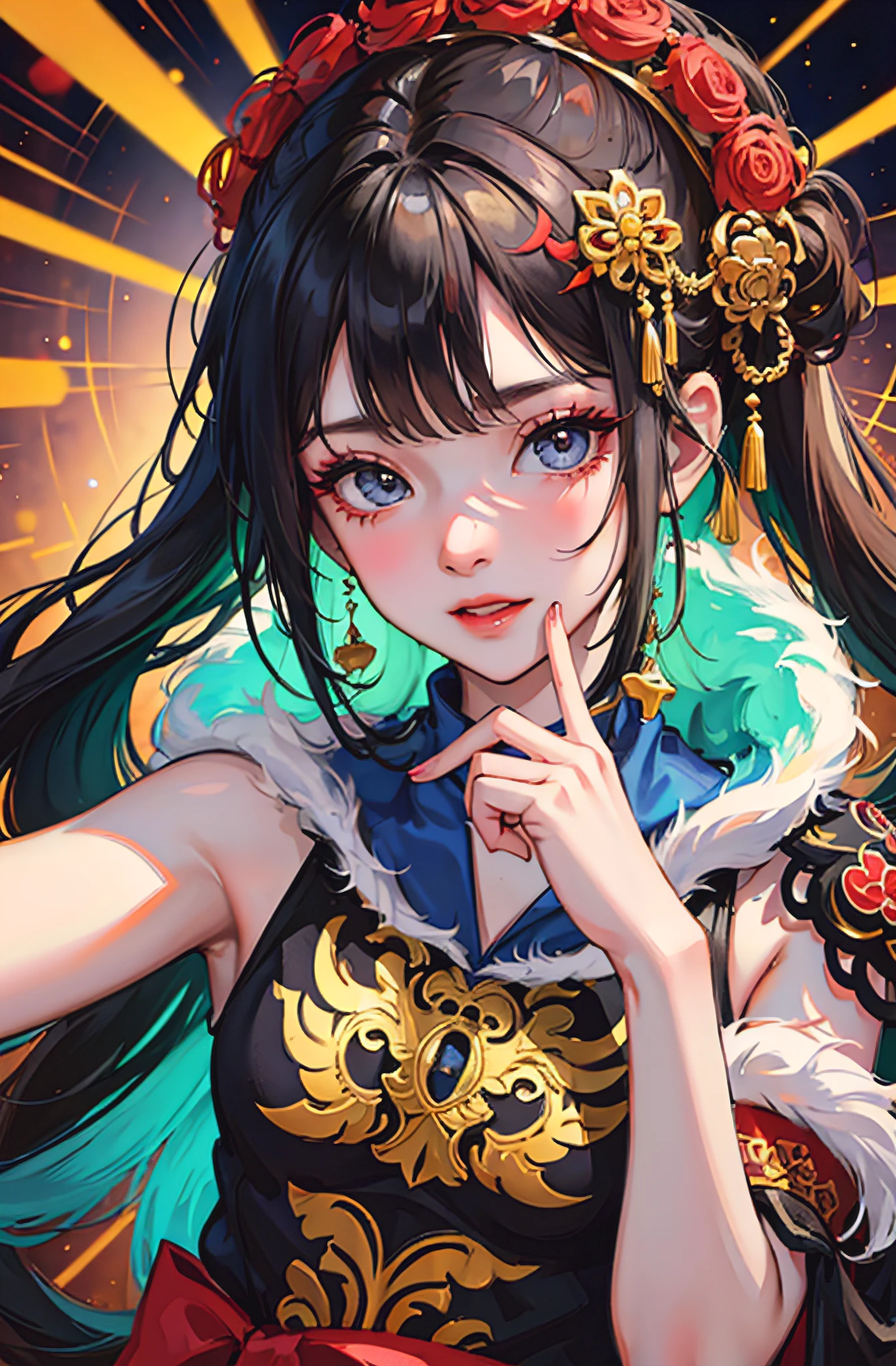 National style elements，teens girl，24 years of age，s the perfect face，Nice big eyes，Long eyelashes，Peking Opera costumes，Hua Dan，Money leopard is around，Artistic sense，tmasterpiece，hyper HD，8K，Best light and shadow，Ray traching，Light particles sprinkled colorfully on the girl's face，Sloth，Blushing and shy