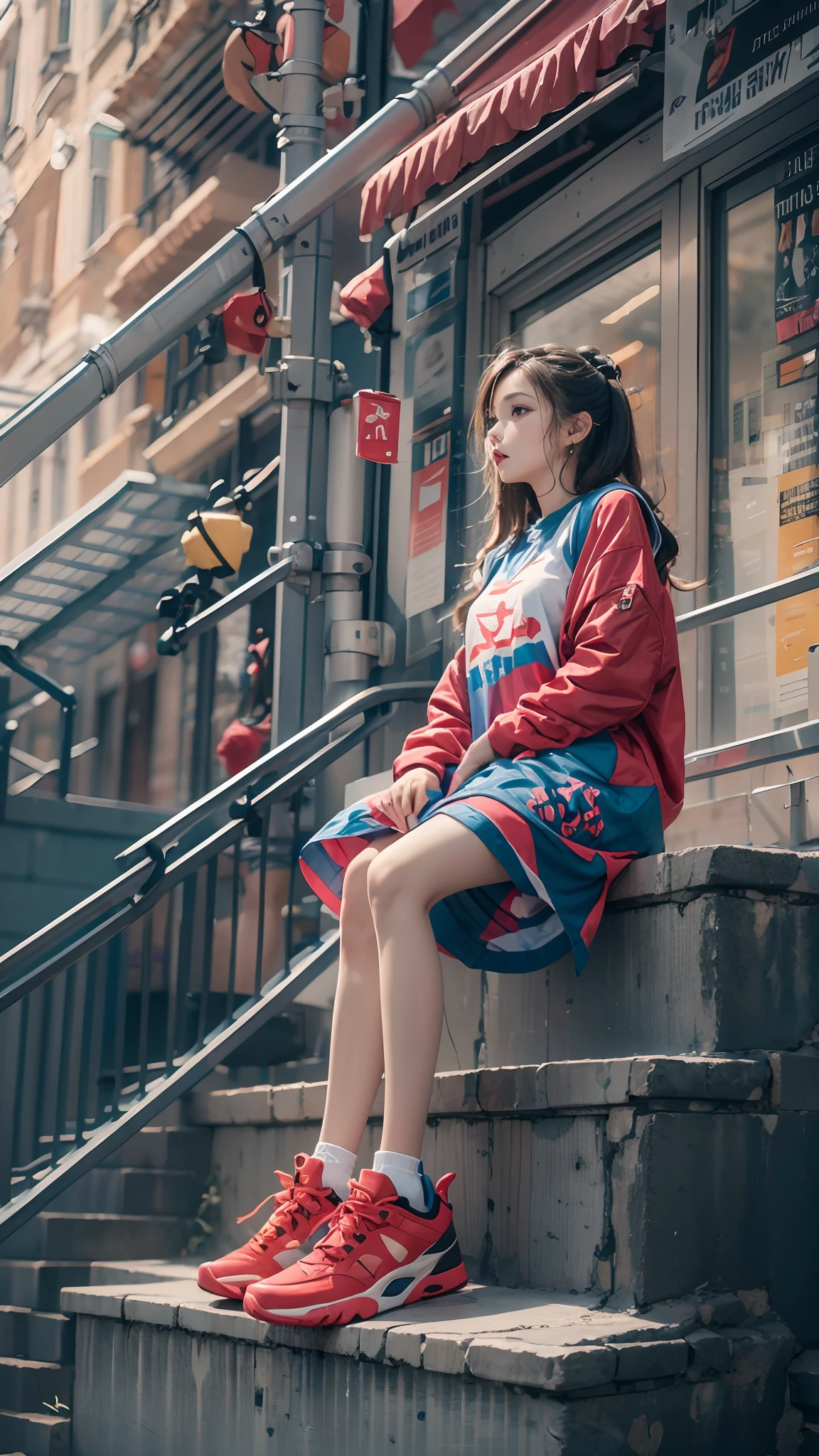 1girll，Wear colorful dresses，(((Bottom view))),athletic sneakers，Shallow space，Urban architectural background，Sit Pose，Best quality, Masterpiece, 8K，depth of fields