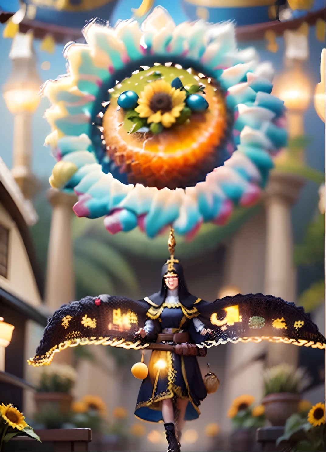 In a very spectacular scene,The extra-large wide-angle lens captures the appearance of a female centaur。She is a sunflower worship nun,Always against(Healing emoji smiley face of knitted sunflower puppet😊:99.99)DOA。She is tall,It has the ultimate curvaceous beauty,The muscles are slender and strong,Beautiful lines。She has(Oversized sky blue eyes:99.99)、been(Wear sexy glasses:6.66)、(She wears a stately nun costume:9.9)、Step on the heel of a boot-style skyscraper、A pink cross hangs from his chest。Using Midjourney's advanced tools,Designed for female centaurs(Knitted sunflower puppets,And make a super healing cartoon smiley face in the center of the flower plate as a decoration:9.9),and noble and solemn nun costumes,and highlight her unique physical features and facial details,Add realism。Against the backdrop of her prayers and listening to confessions,Spectacular natural landscape,For example, The sky alternates between stormy and sunny days、Starry rivers and auroras、Snow-capped Mount Everest、Yamashiro fireworks, etc。ao mesmo tempo,Away from the hustle and bustle next to the church,Create dream scenes。Use advanced tools and multiple color palettes halfway through、Brush strokes、Texture tools and model packages,It shows a sense of atmosphere where beauty and charm coexist。The charm of female centaurs is highlighted by colors and lines,Enhance realism with details,Create a surreal dreamy feeling。Additionally,Use tools halfway through to add various exorcism props and books to female centaurs、pergaminhos,Create complex hairstyles and outfits,Give her a sense of premium。She never flinched,No matter what monster you encounter,Can respond quickly,Even the most extreme natural disasters and monster armies could not stop her and her front lines(Sunflowers with the Tyndall effect,Can emit sunlight 9.99)。Use Midjourney's powerful tools,You can do this with incredible detail and beauty,Bring this super grand and beautiful scene to life。A grand spectacle,super wide shot, hdr,(真实感,