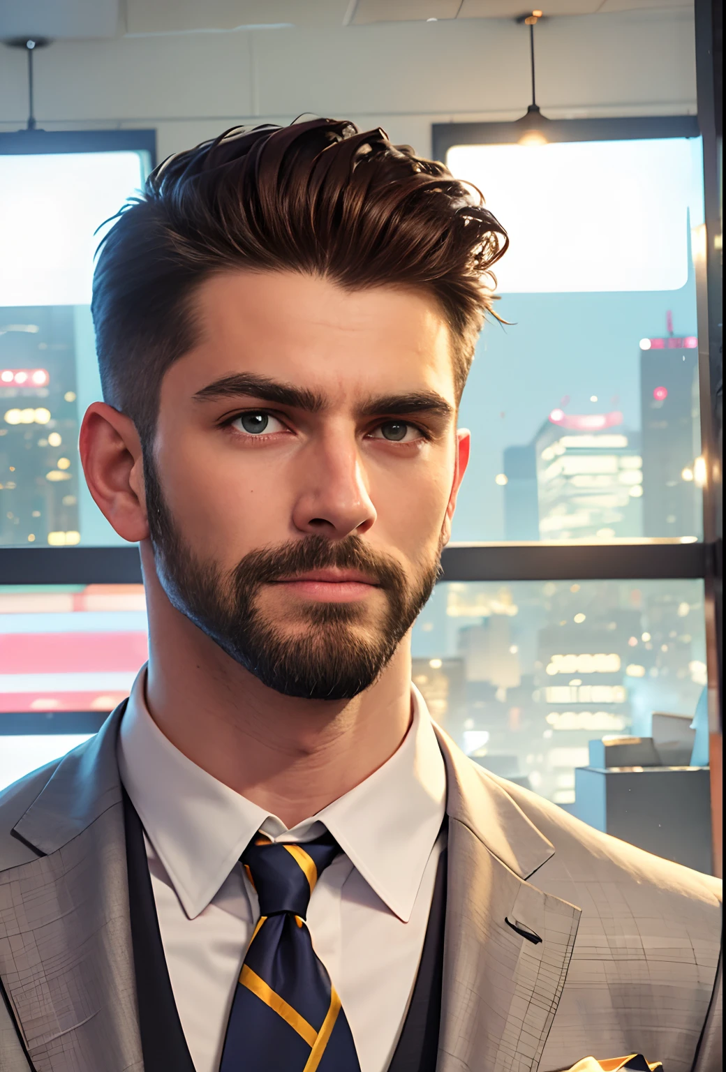 handsome man, neonic light, bar, stylish appearance, confident expression, sharp suit, fashionable haircut, well-groomed beard, intense gaze, dimly lit ambiance, vibrant colors, energetic atmosphere, cool and sophisticated vibe, urban setting, bustling nightlife, cityscape in the background