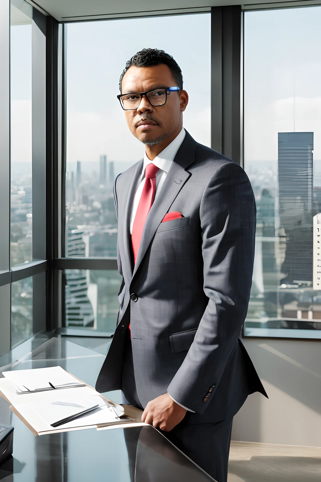 guttonerdvision10, A half-body portrait of a man wearing glasses, dressed in a black suit with a red tie, striking a pose while leaning on his office desk. He is in a room at the top of a commercial building with a glass window showcasing the blurred cityscape in the background. A professional commercial photograph for promotional use. Ultra HD, super realistic.