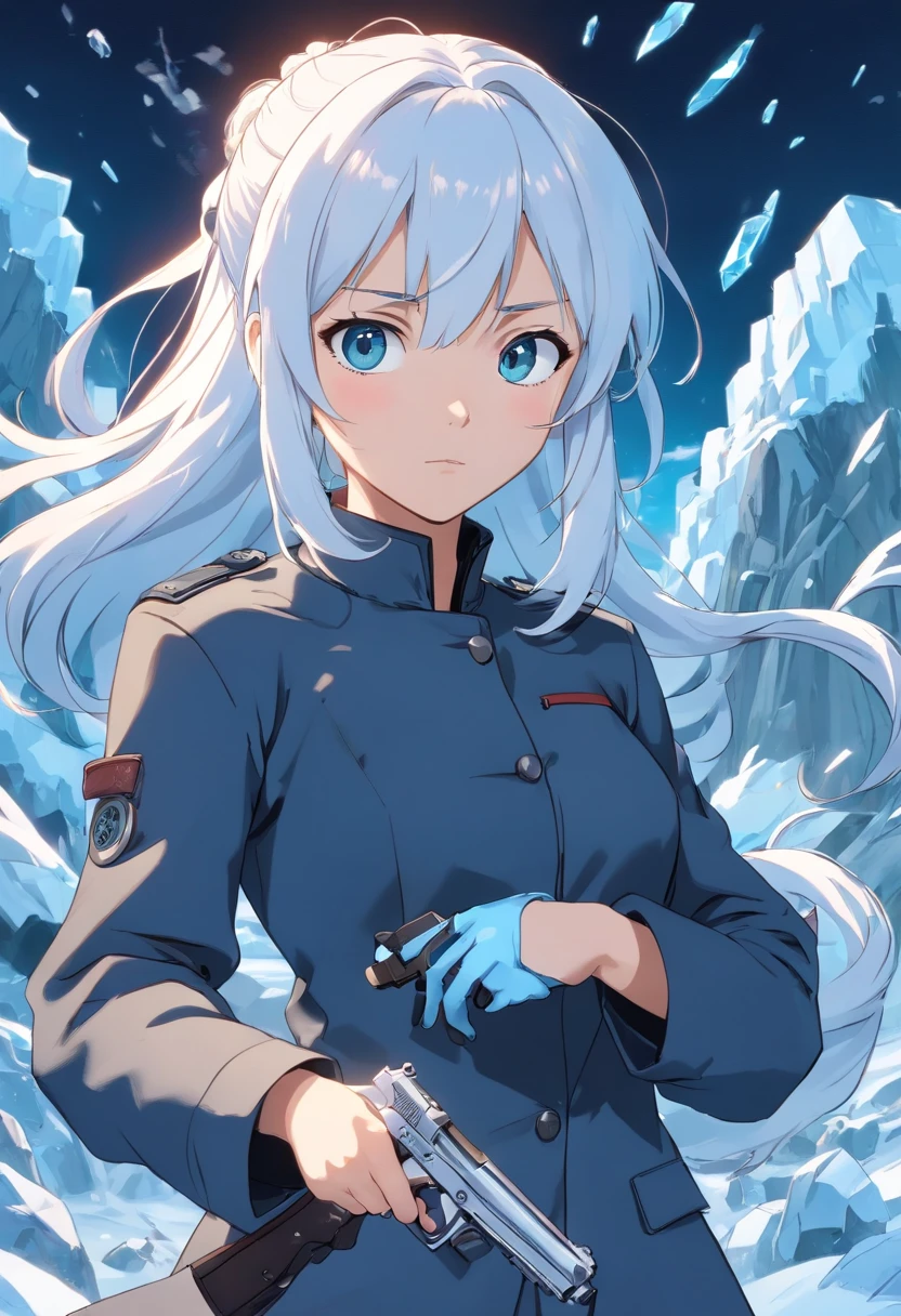 A young woman of 17 years with white hair with light blue and black details like ponytail black eyes a white apocalypse style blouse with black coat a long gray pants with tired and angry look with a scar on the face a relaxed posture holding a white pistol with light blue details with ice power, a glove on his right hand ,uma faca