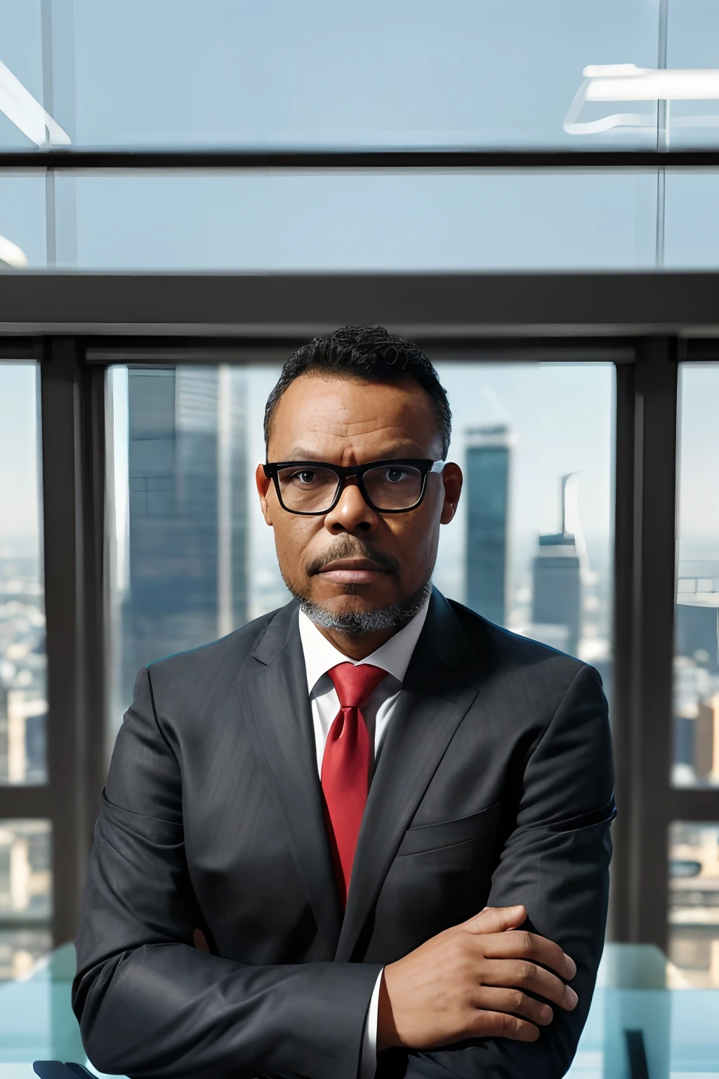 guttonerdvision10, "A half-body portrait of a man wearing glasses, dressed in a black suit with a red tie, striking a pose while leaning on his office desk. His face is extremely detailed and sharp. He is in a room at the top of a commercial building with a glass window showcasing the blurred cityscape in the background. A professional commercial photograph for promotional use. Ultra HD, super realistic."