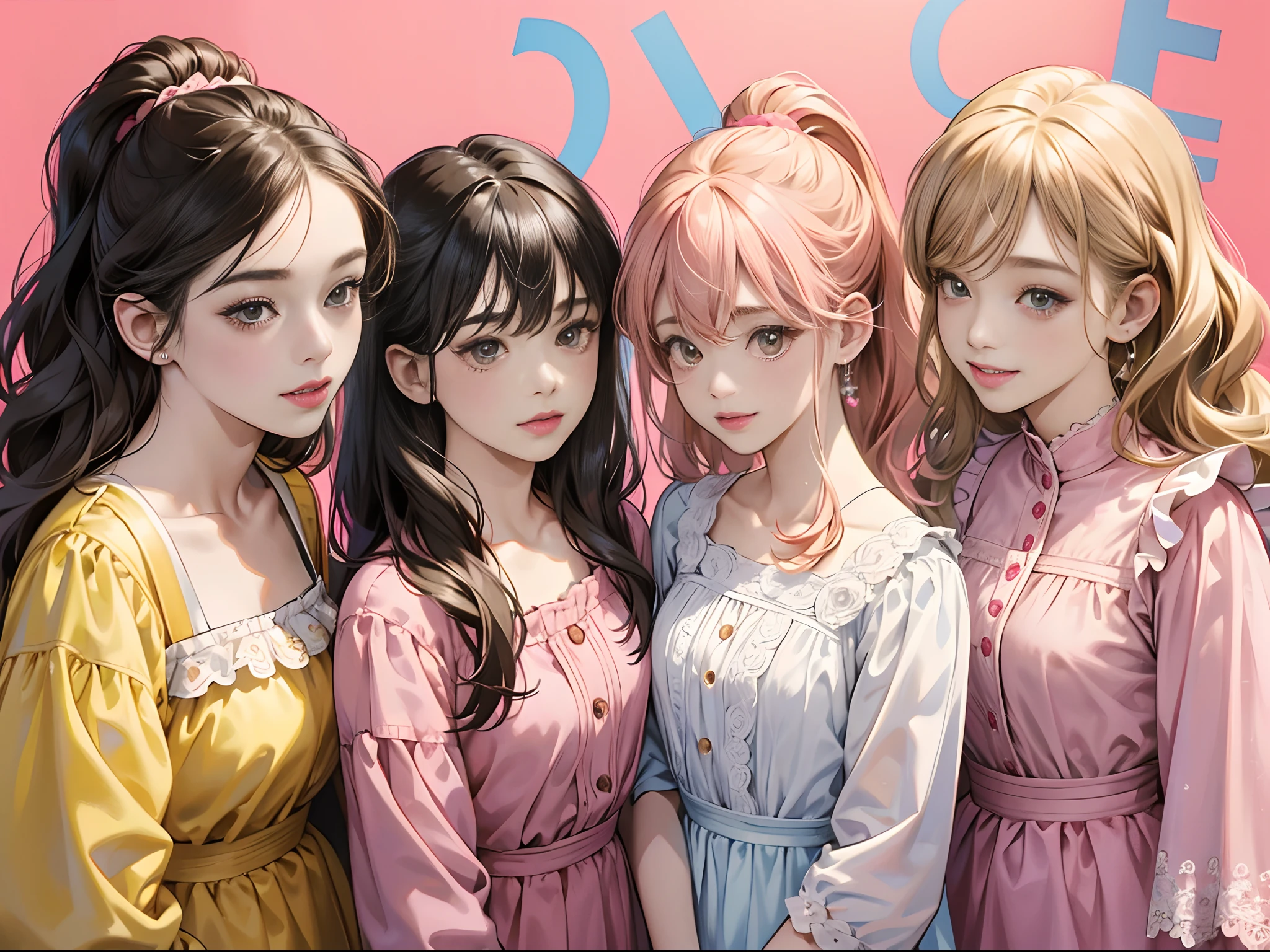 (Best Quality,4K,High resolution), Delicately expressed illustrations with realistic details，Gathering of 5 women＋selfee，Looking at the camera、Point the camera up，Staring at this、Smile，Red color clothes，（Black long straight hair），Yellow clothes，（ Brown bob hair）Blue color clothes，（short-haired and disheveled hair,,,,） pink color clothes，（ Beautiful with a pink ponytail），white colored clothes，（Blonde twintails），5 women of idol type，stage，Lively exterior，comic strip，animesque，Comical illustration，Cute illustrations delicately drawn in detail，Looking up at the camera from above