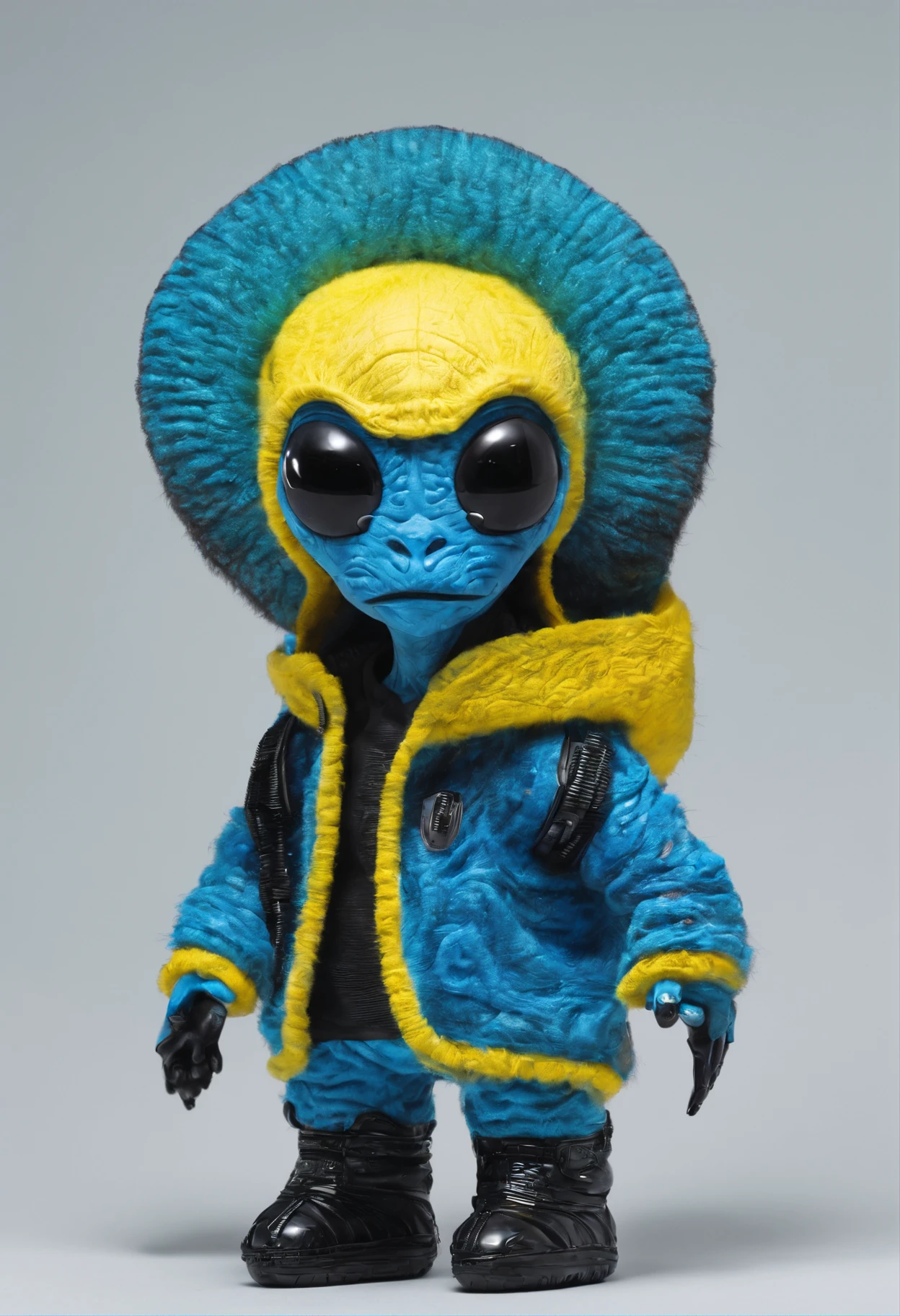 Blue fuzzy alien wearing a yellow hoodie