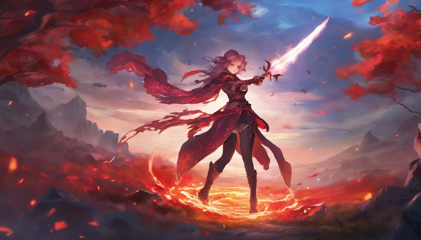 anime character with a sword surrounded by blood and flames, big tits  , dark red hair, best anime 4k konachan wallpaper, ufotable art style, zerochan art, official artwork, shalltear bloodfallen, from arknights, trending on artstation pixiv, fate grand order, high detailed official artwork, guweiz on pixiv artstation, demon slayer artstyle