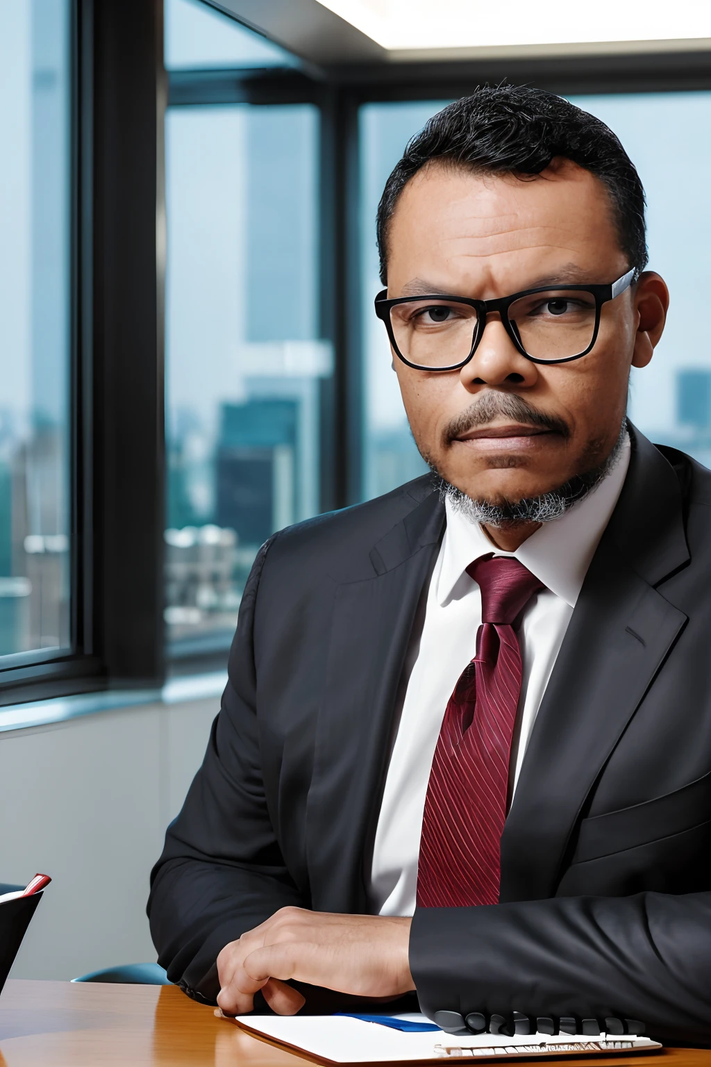 guttonerdvision10, "A half-body portrait of a man wearing glasses, dressed in a black suit with a red tie, striking a pose while leaning on his office desk. His face is extremely detailed and sharp. He is in a room at the top of a commercial building with a glass window showcasing the blurred cityscape in the background. A professional commercial photograph for promotional use. Ultra HD, super realistic."