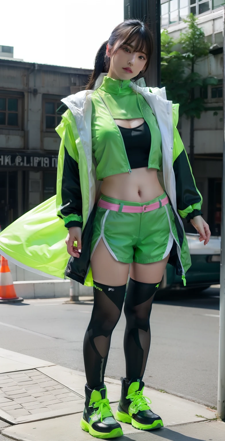 Cyberpunk Female Idol、Good Style、Colorful green hair、Shiny Leotards、、Idol face、large full breasts、Fluorescent Green Clothing、、、Colored tights、Tailcoat jacket