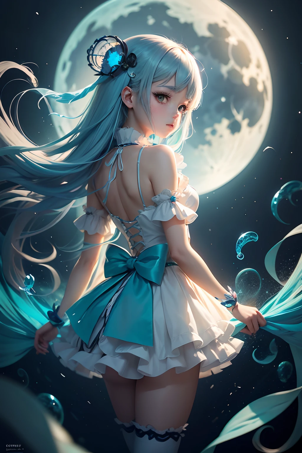 (cancer zodiac) there is a woman with grey glowing cyan hair on underwater with glowing cyan fish, Godest of the sea, spider arm attatched on back, anime girl cosplay, anime girl in real life, anime style mixed with fujifilm, portrait of magical ta girl, cute kawaii girl, anime cosplay, beautiful anime style, lolityle, anime style, cute anime girl, beautiful anime girl, artwork in the style of guweiz, night background with moon
