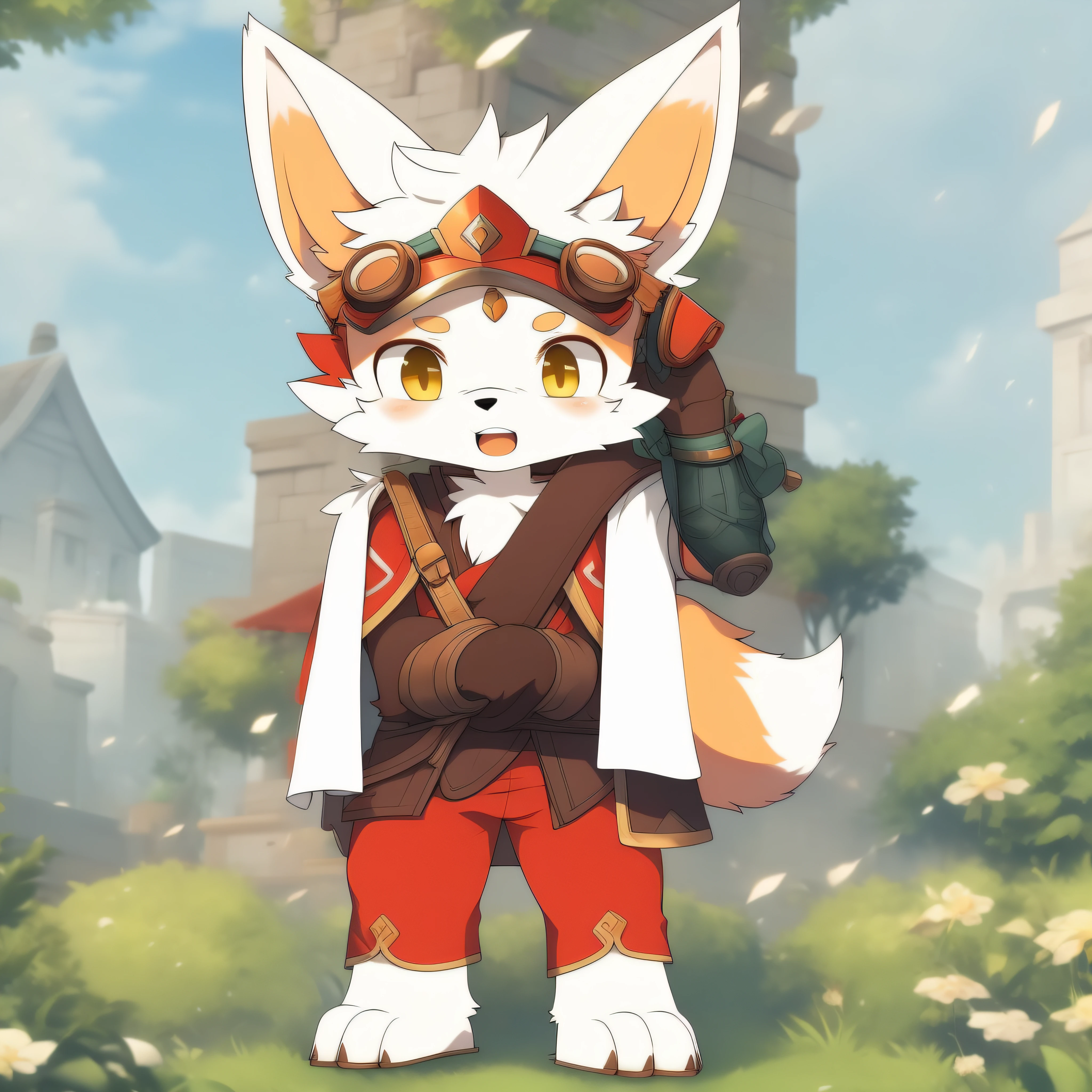 There is a painting，It depicts a fox wearing a red helmet and goggles, fox mccloud, fursona wearing stylish clothes, fursona!!!!, fox from league of legends chibi, fursona art, a fox, furry fursona, furry furaffinity, furaffinity fursona, fursona commission, furaffinity commission, Furry character, Sora as a fox，Stand on the lawn，Fox beast too