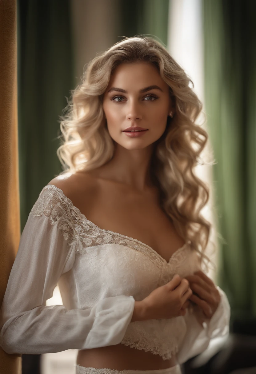 (best quality, realistic rendering, ultra-detailed, highres, masterpiece:1.2), sensual pose, beautiful detailed body, seductive eyes and lips, golden hair flowing, vibrant colors, soft lighting, artistic nude, erotic female figure, blonde woman, (sensual, alluring) expression, (graceful, elegant), (feminine, graceful), (attractive, captivating), (confident, alluring), (youthful, radiant) appearance, (breathtaking, enchanting), perfect skin, (subtle, gentle) curves, (delicate, slender) fingers, (stylish, elegant) background, (adorned, decorated) with flowers, (delicate, flowing) drapes, (subtle, romantic), ethereal ambiance, (dreamy, magical) atmosphere, (harmonious, graceful) composition, (captivating, mesmerizing) beauty, (soft, subtle) shadows, (subtle, soft) highlights.