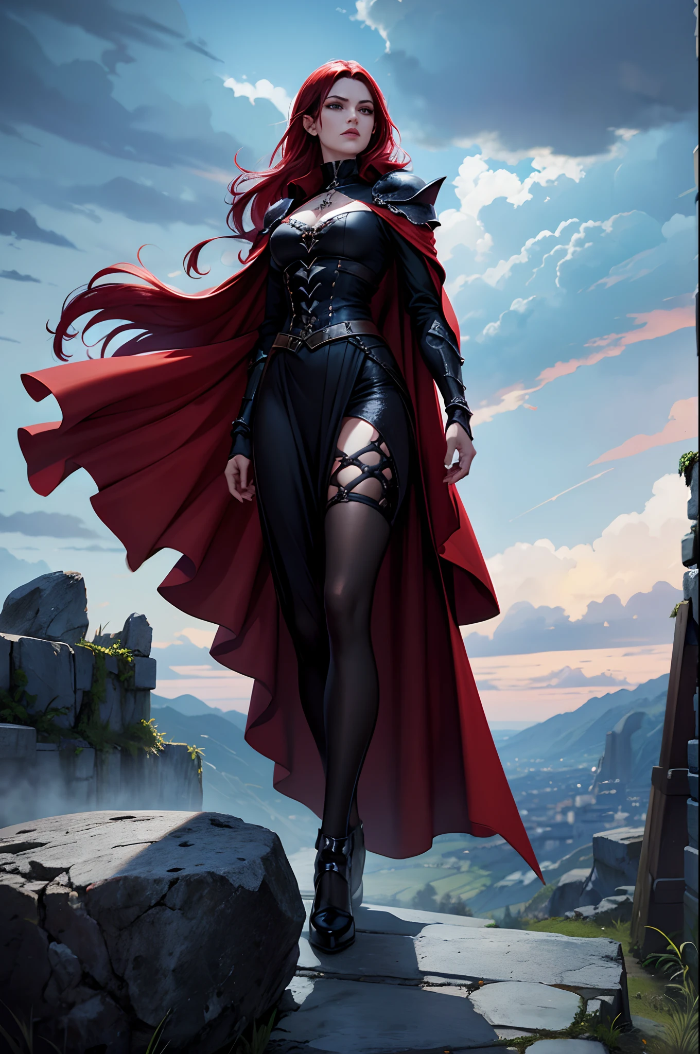 Personagem feminina ruiva de cabelo laranjado e curto, gothic armor, on top of a raised stone in a challenging position, cor dos olhos azul do gelo, manto, capuz, dramatic scene, cidade de Mago, entardecer, magnifica, 8k, estola, roupas preta e vermelha, entardecer, dramatic scene, sky full of clouds, descending a ruined staircase fluttering and long cape, cabelo alaranjado curto, lo gothic, Vampiro.