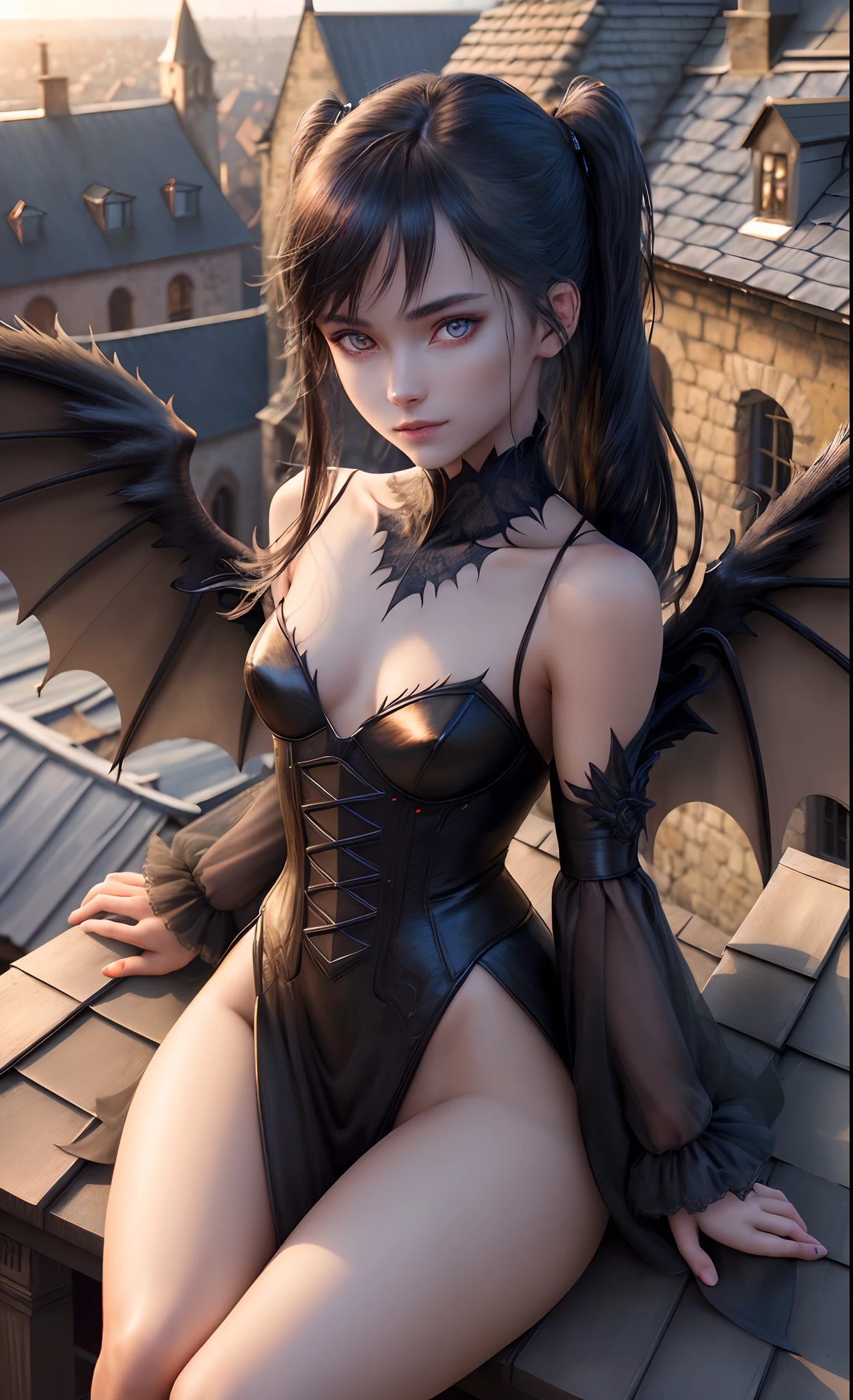 hyper photorealistic, Cute girl with black demon wings, Sitting on a small roof, In the old Gothic town, Sunset, (18 years), (Detailed face and eyes), full-length portrait, (extremely sexy), , pleasure, small breasts, expression enjoyment, seductive, autumn, Cinematic lighting, messy hair, fluttering in the wind, Professional photography, little smile, fine facial traits, slim physique, (Depth of field), Cinematic
