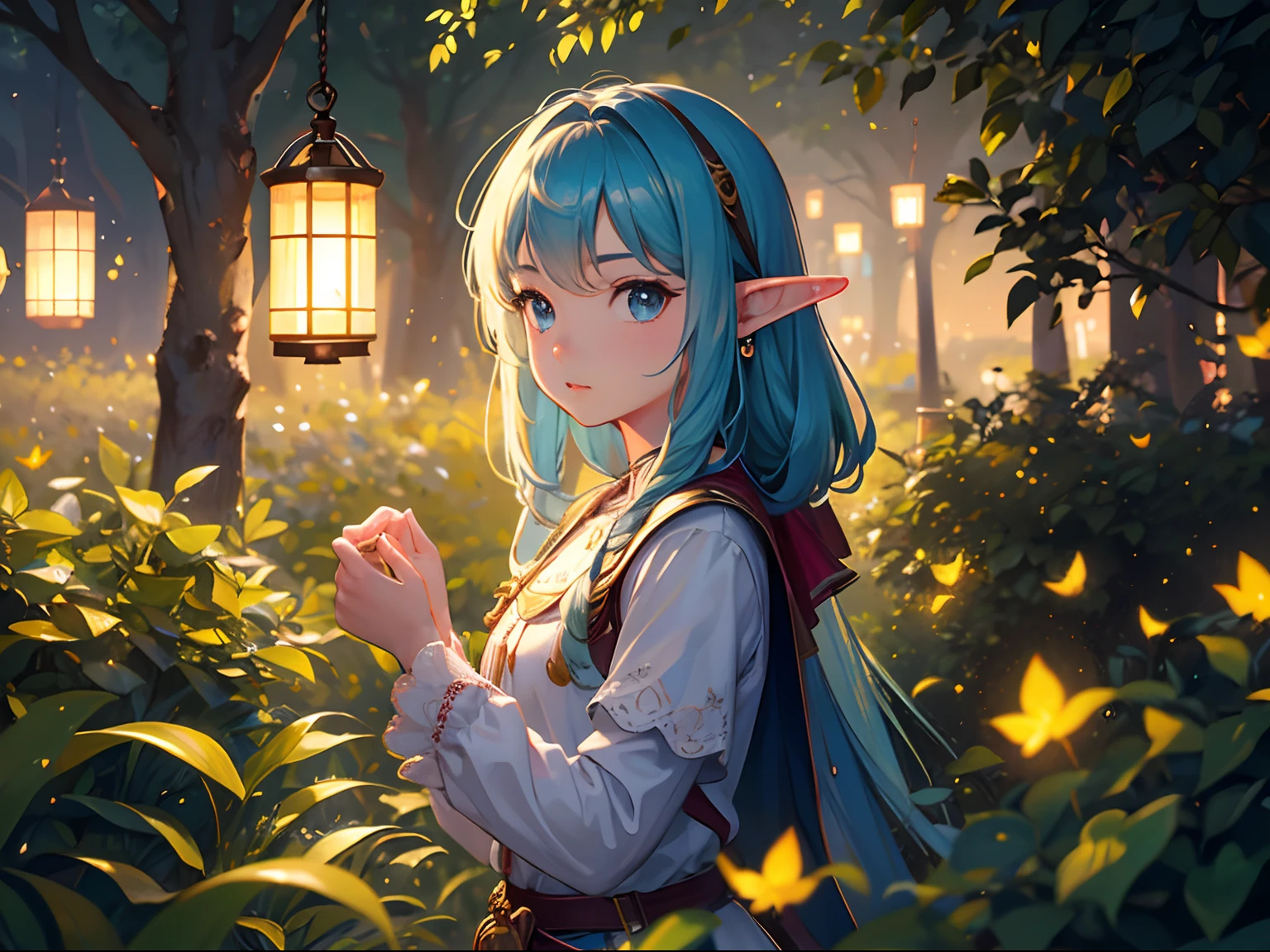 (8k, top quality, masterpiece: 1.2), (realistic, photorealistic: 1.37), super detail, elf, wide angle of view, firefly garden, lots of small faint light and fireflies flying around, night