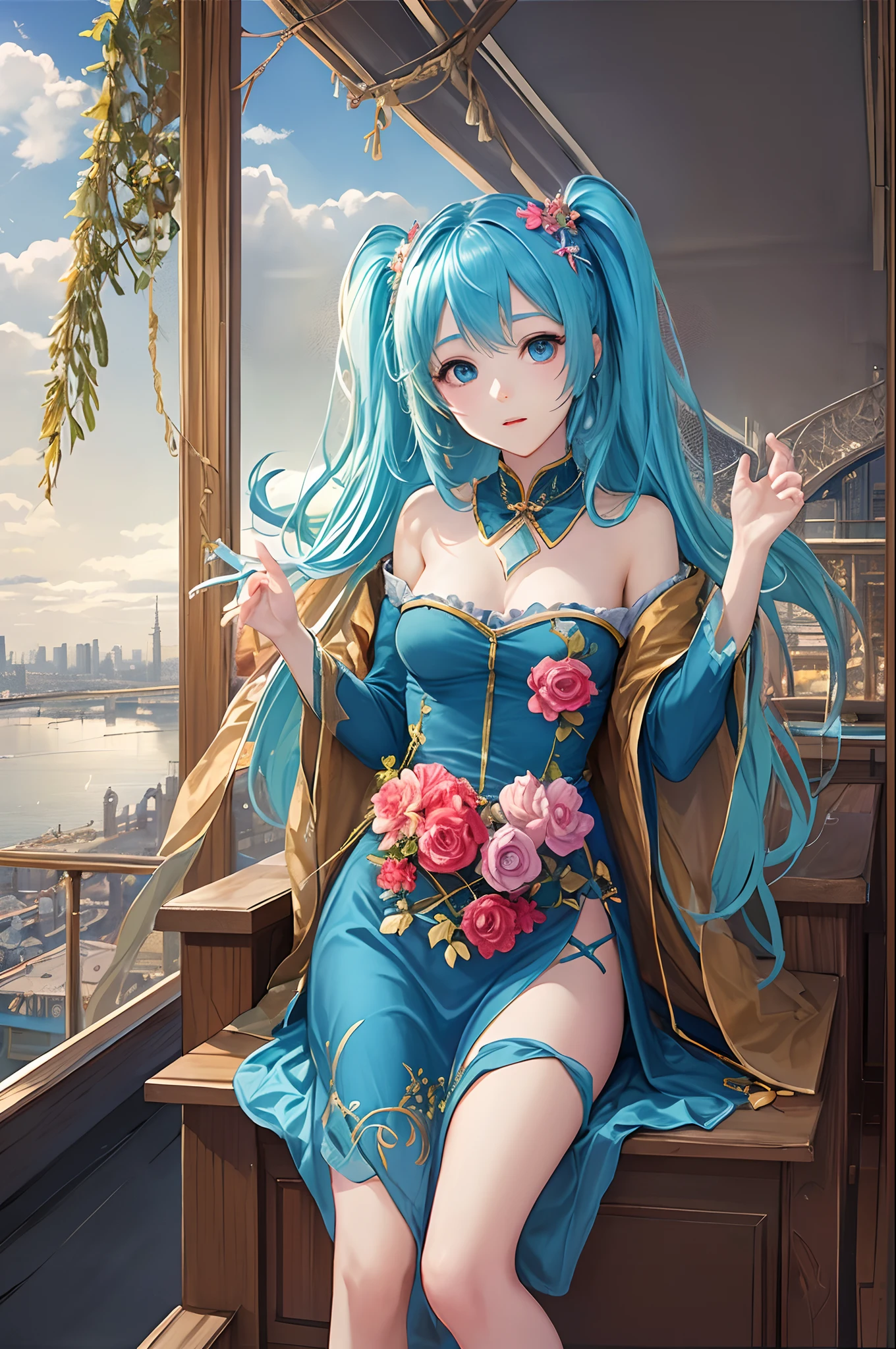 (masterpiece、top-quality、Official art:1.2)、(colourfull)、miku hatsune、see the beholder、1girl in、portlate、独奏、Colorful water levitation、Lying girl、realisticlying、She wears long pants、Wearing pink pajamas、Cute、A sexy、