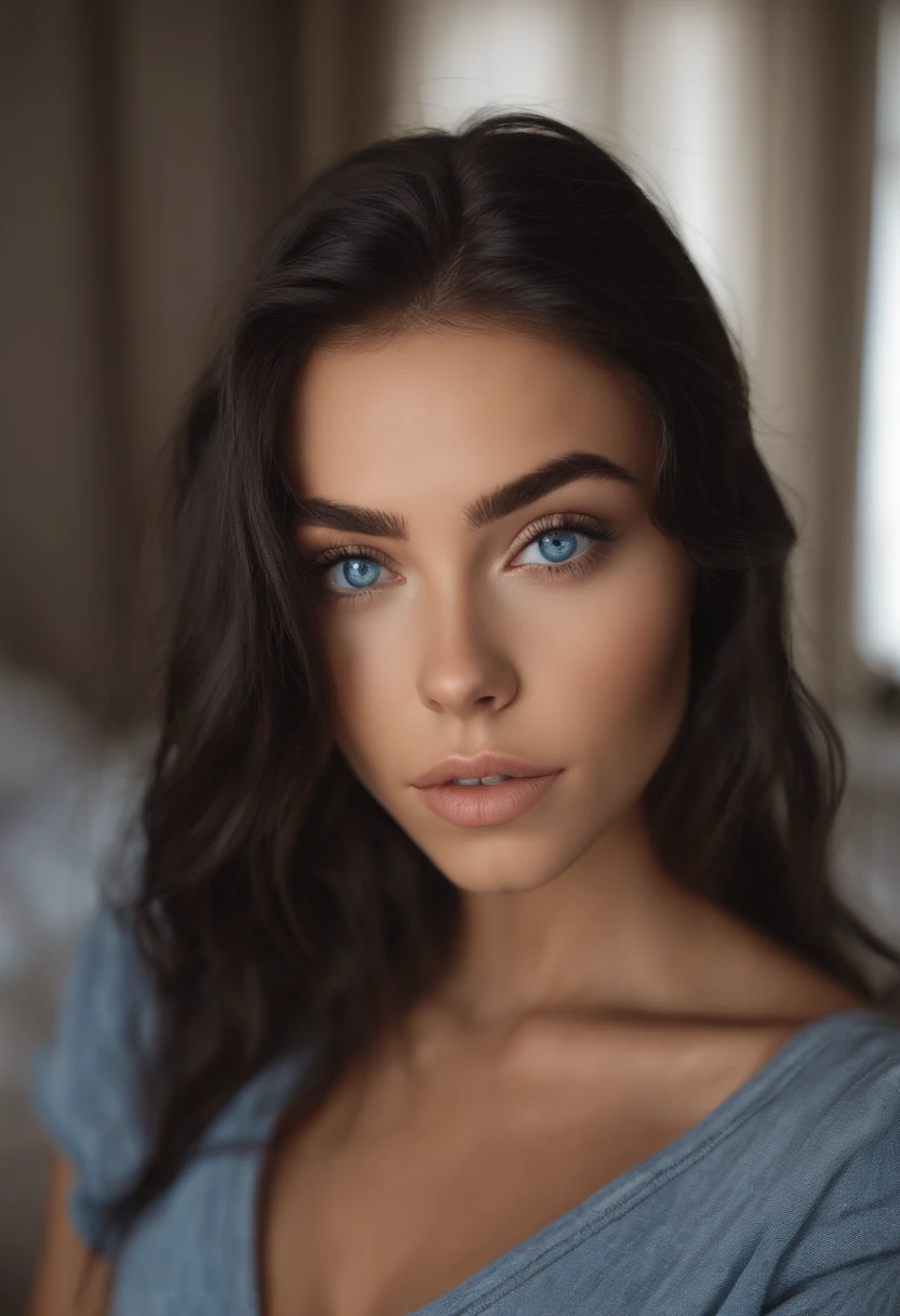 naked sexy girl with blue eyes, portrait madison beer, black long hair and large eyes, selfie of a young woman, bedroom eyes, without makeup, natural makeup, looking directly at the camera, face with artgram, subtle makeup, stunning full body shot, in bedroom, cleavage