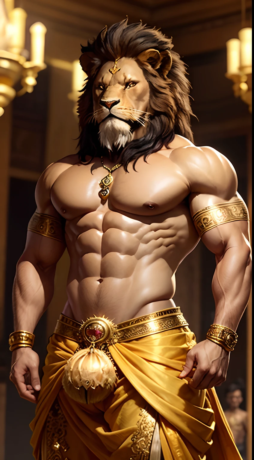 A fantasy image of a robust man with the face of a lion, (ferocious lions face:1.3), wearing gold ornaments, shirtless, wearing a yellow ornate dhoti, standing in a palace, upper body, front view