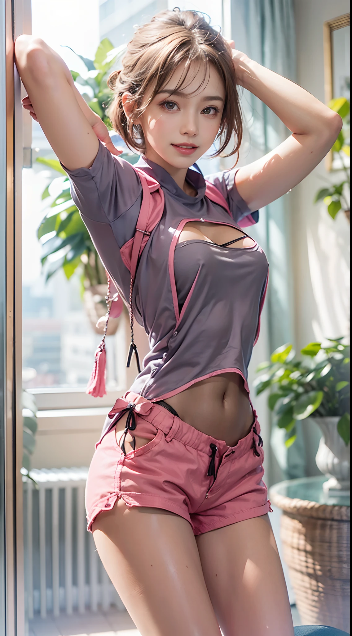 (NSFW), 1womanl, Solo, 24 year old, 7headed body, (cute face), (Ideal ratio body proportions), ((Composition from head to thigh)), livingroom, (((Pink shorts))), (((Buttocks close up))), ((Point your butt at the camera)), erectile nipple, Navel Ejection, Cameltoe, Sexy body, Wet, Smiling smile, short-hair, Dark hair, small tits, A slender, Small buttocks, beauty legs, Skinny Legs, surrealism, Cinematic lighting, depth of fields, One-person viewpoint, F/1.8, 135 mm, nffsw, masutepiece, ccurate, ((Anatomically correct)), Textured skin, Super Detail, high details, High quality, awardwinning, Best Quality, hight resolution, 8K