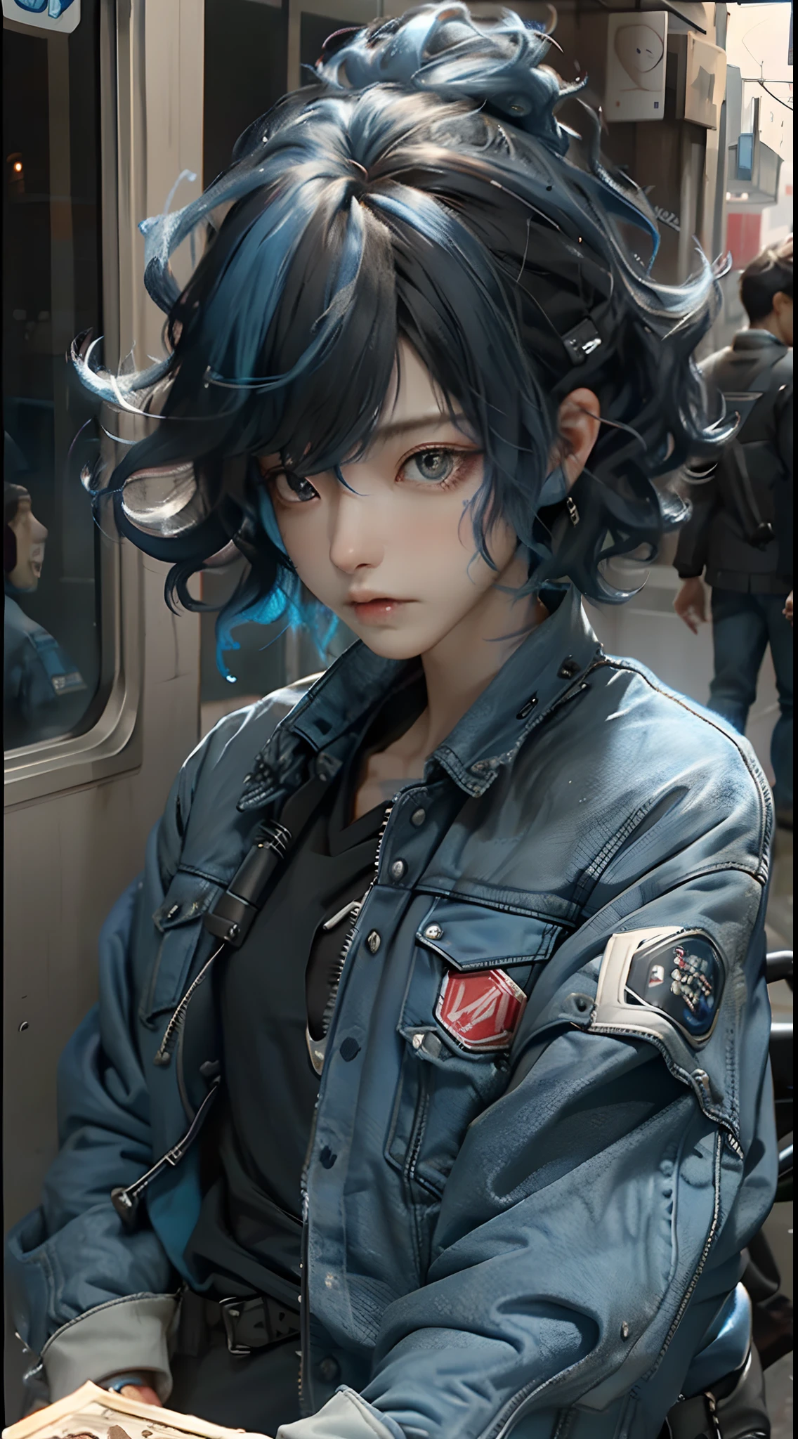 boy, short fade cut messy curly hair, blue mixed black cool jacket, boy face,