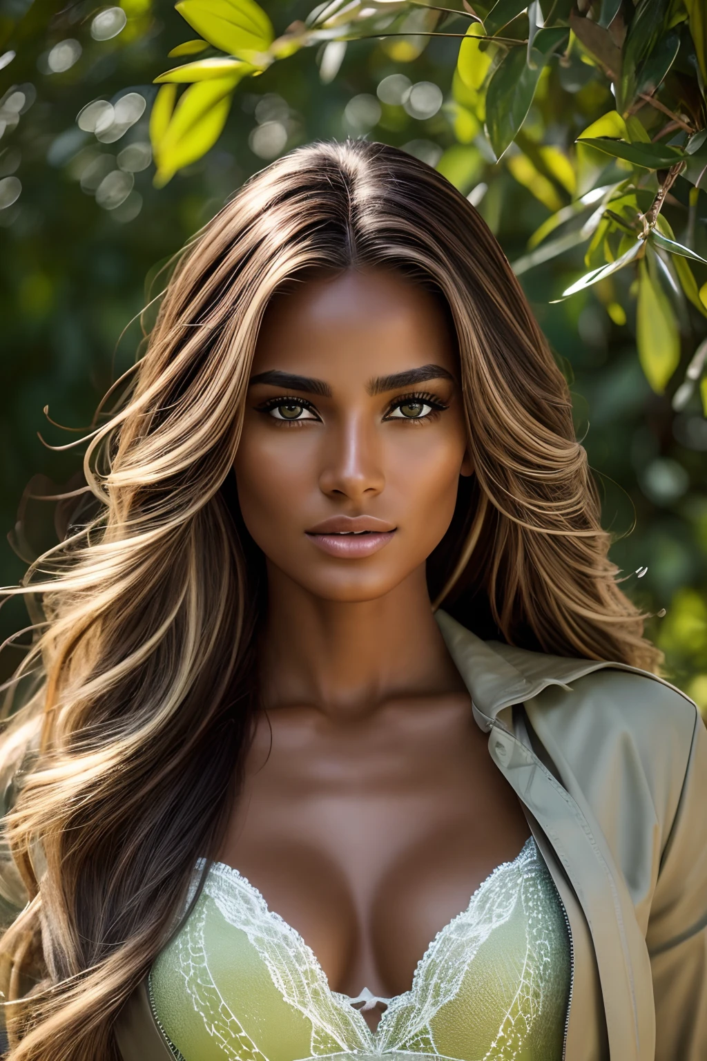 A photorealistic portrait of a stunningly beautiful tanned Brazilian model with light makeup, Photo for the cover of a fashion magazine, Honey eyes with a touch of green or gray of light extremely detailed, Realistic symmetrical face detailed, Extremely detailed natural texture, Fishing down, messy windy hair, sexy, Extremely detailed, Amazing, fine detail, couleurs riches, Hyper realistic texture, Regarder le spectateur, photo realist, High quality, high resolucion, mise au point nette, Extremely detailed, lighting cinematic, 8K UHD
