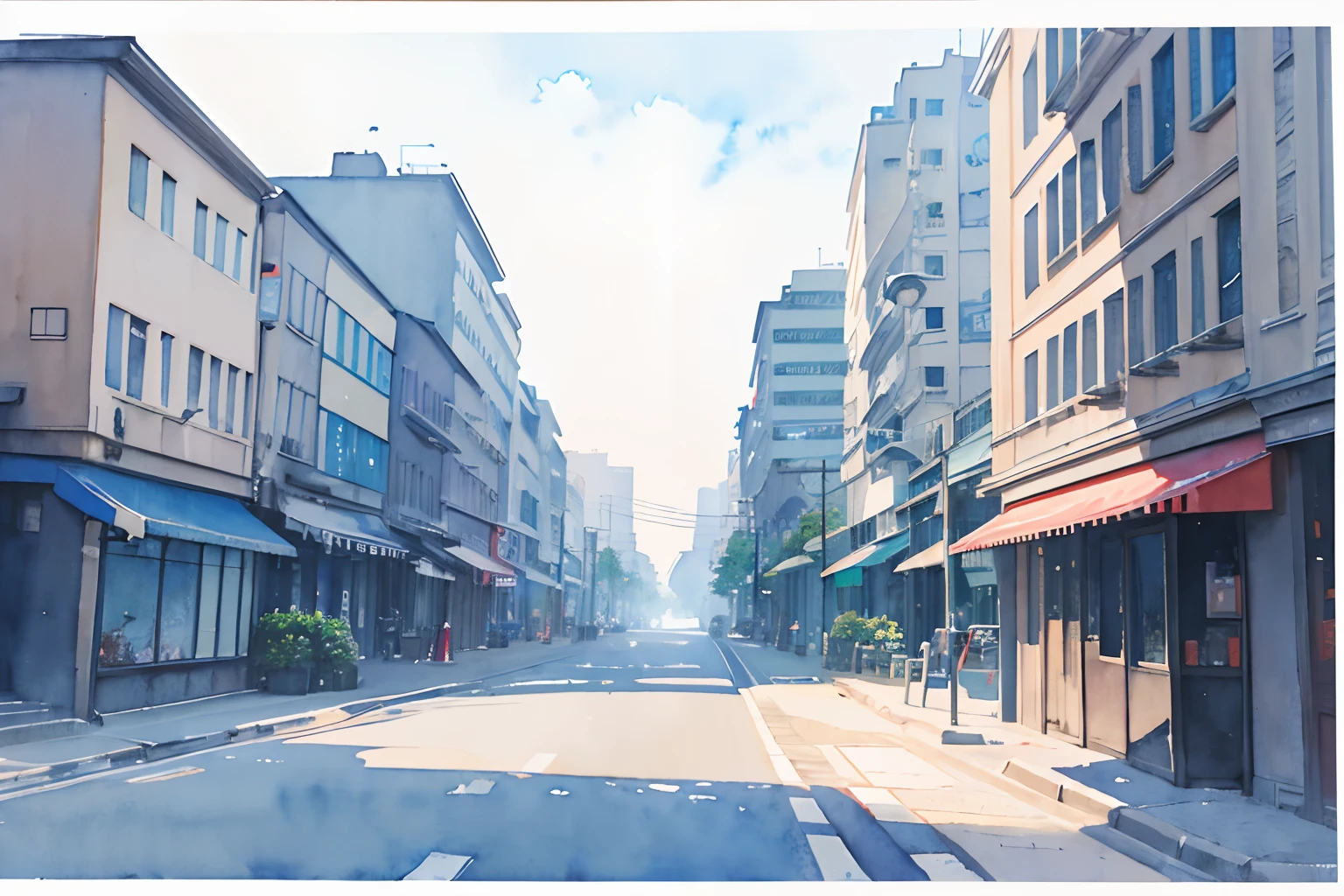 ((masutepiece)), (Professional Photography:1.2), (High Definition:1.3), Best Quality, (watercolor painting:1.3), from side, wide shot, (simple white background:1.10), pale blue fine ink splashing, urban area, road, townscape, landscape