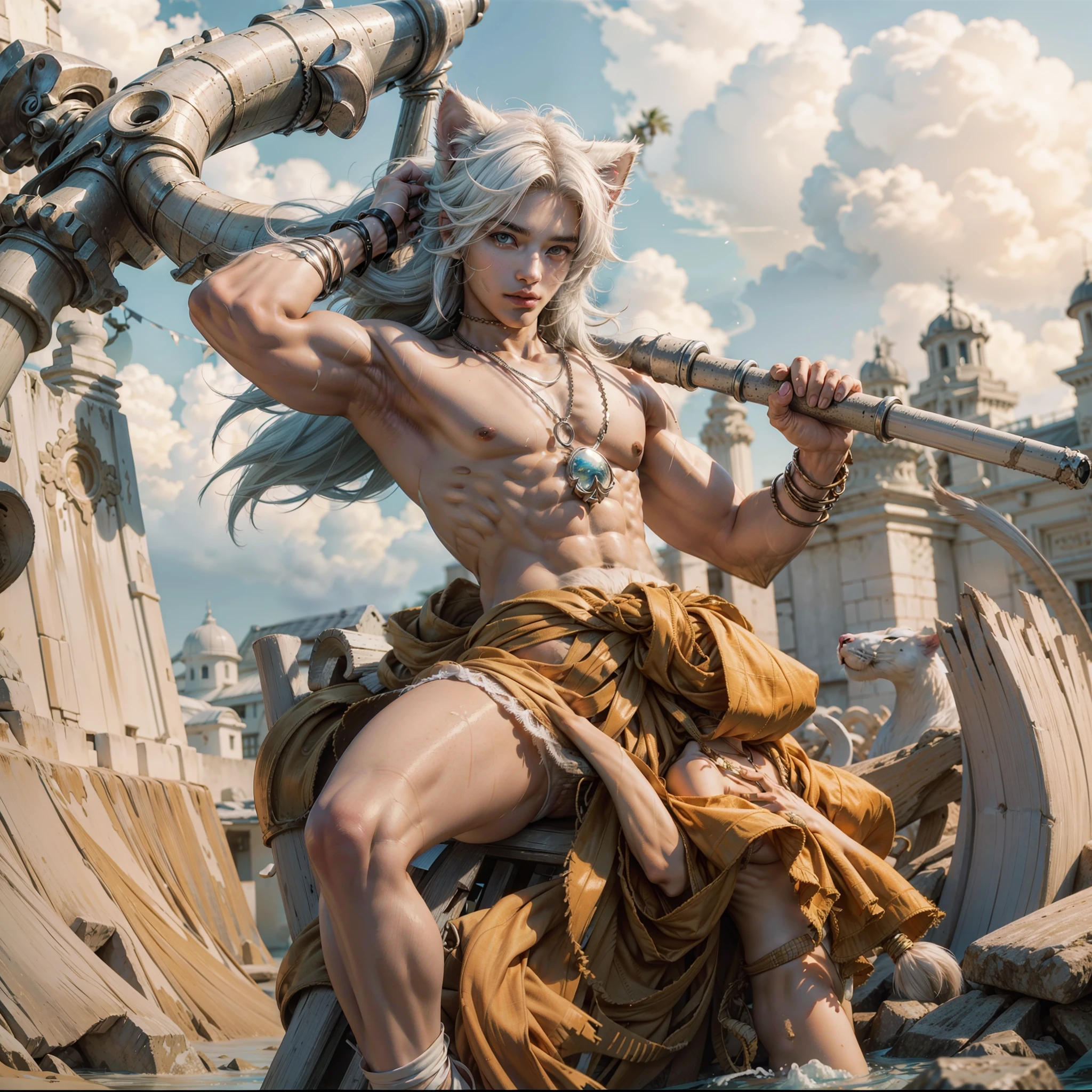(max resolution: 1.2), (Ultra HDTV: 1.2), 8K resolution, Eye and skin details, face details, , (Sharp focus: 1.2), (Precise focus) sharp face: 1.2), Boy, Standing, Long hair, White hair, (White cat ears), (((Cat tail))), Hand holding anchor, Shirtless, Chest muscles exposed, Abs 6 citrus, transparent white briefs, Summer, Sea water, Coconut tree, Blue sky, White clouds, Sunlight, Water table, Hand holding a staff