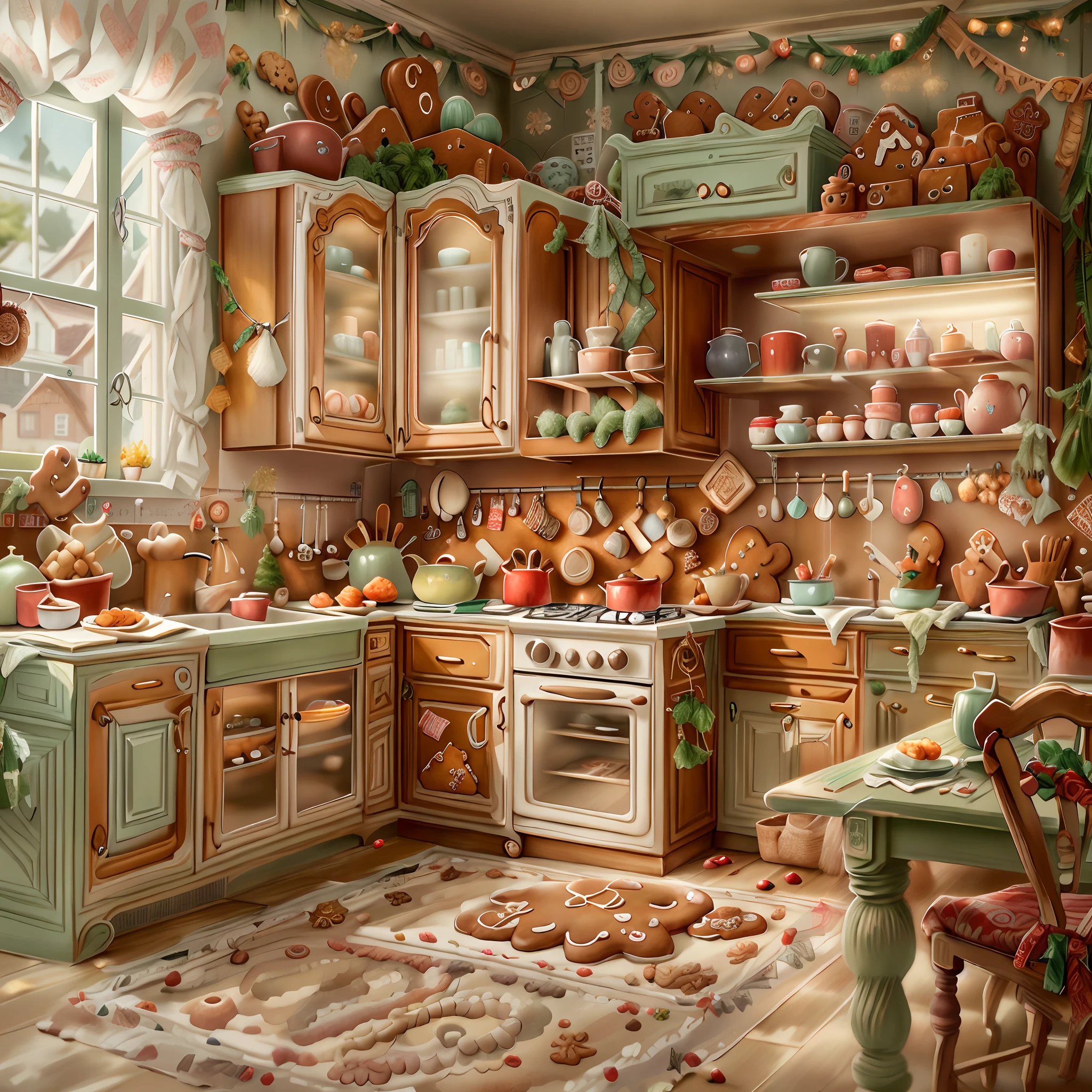 best qualtiy，tmasterpiece，超高分辨率，（photograph realistic：1.4）， spacious，A detailed，Gingerbread AI kitchen