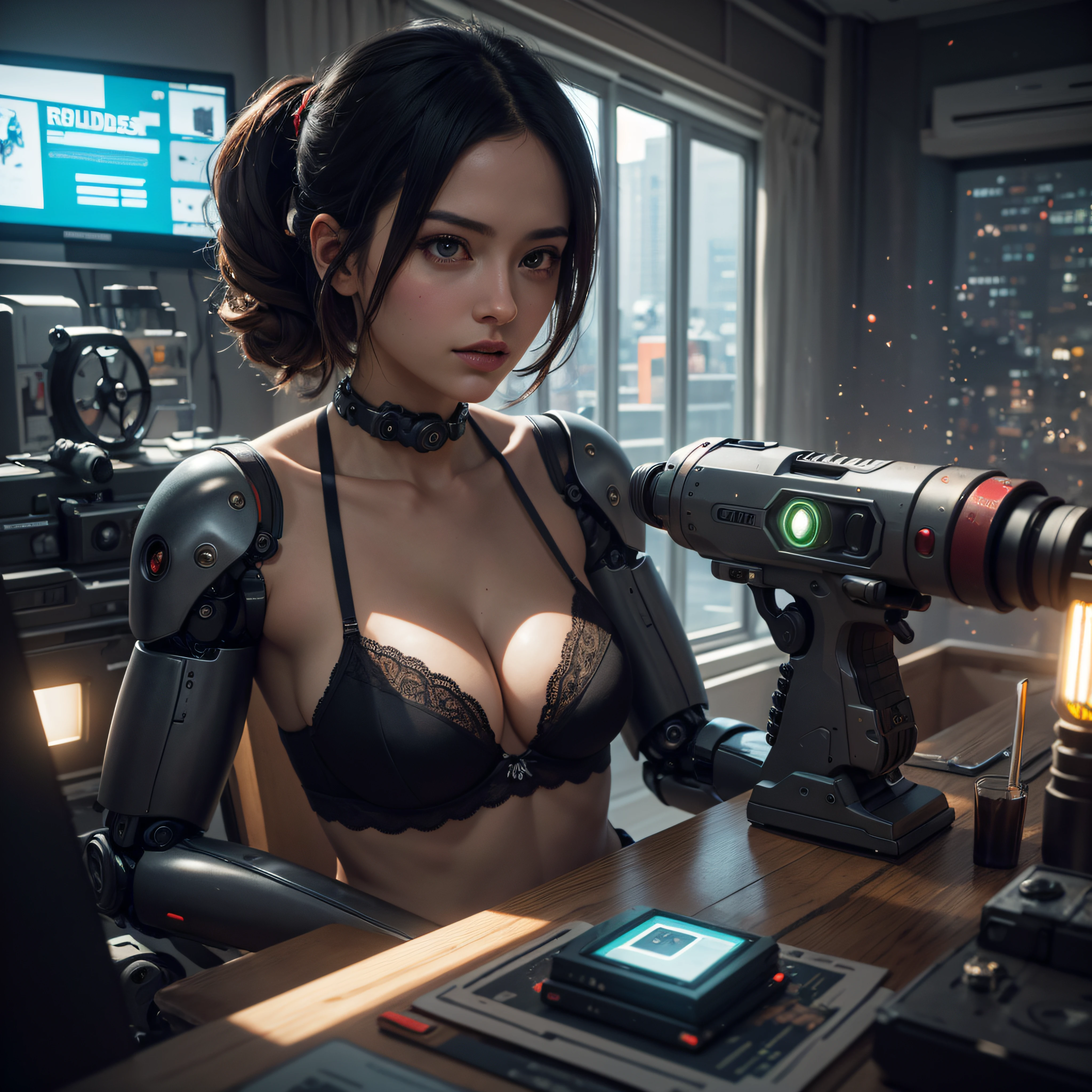 ((calidad superior)), ((obra maestra)), ((realista)), (Los detalles), (fotorrealista:1.5), puppet, marioneta de nadera humanoides tendidos en un piso de concreto, Science-Fiction, HDR, Trazado de rayos, NVIDIA RTX, Los ultra-Highres, Irreal 5, Sub-Surface Scatterring, PBR texturizado, Post-procesamiento, Anisotropic filtering, Profundidad de campos, maximum sharpness and sharpness, Regla de los tercios、8K RAW、(Luminescent Particles:1.4)、(super-detailed CG、Unidad 8k Fondos de pantalla、lighting like a movie、destello de lente、foco nítido. Girl with lingerie, Robotic Parts, Cannons, Armas, pistola, Arte cyberpunk、arquitectura cyberpunk