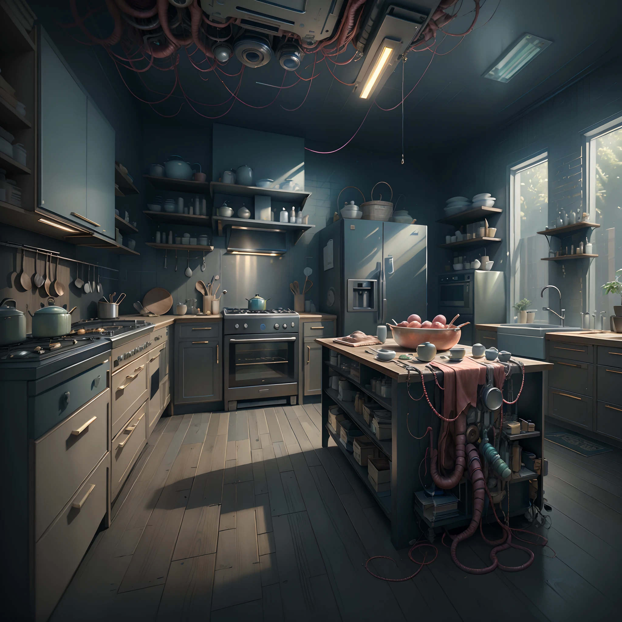 best qualtiy，tmasterpiece，超高分辨率，（photograph realistic：1.4）， spacious，A detailed，Biopunk AI:kitchens