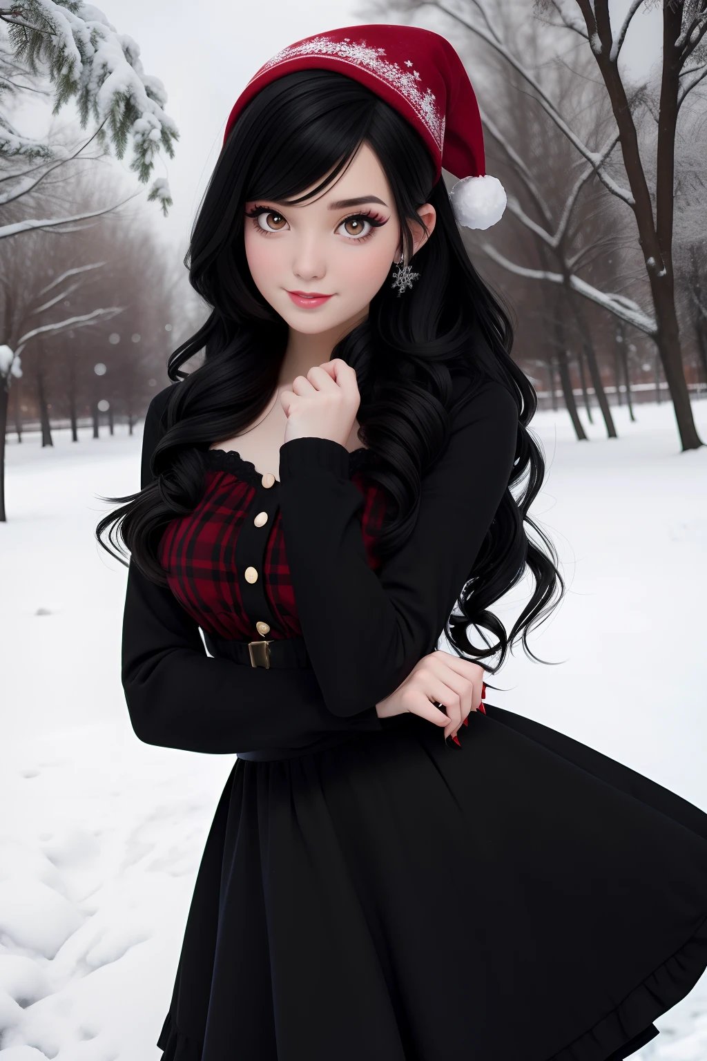 Christmas girl, black long hair Emo Pin up Girl, christmaa dress, Striking a pose, natural make up, skinny girl, innocent, in a snowy park heavenly